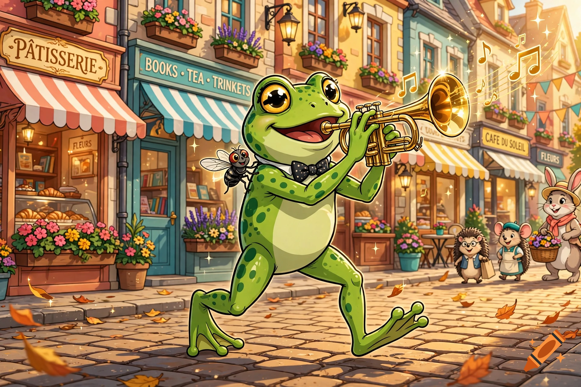 Cartoon frog wearing a bowtie playing a trumpet, walking down a European street with shops, accompanied by a small fly.