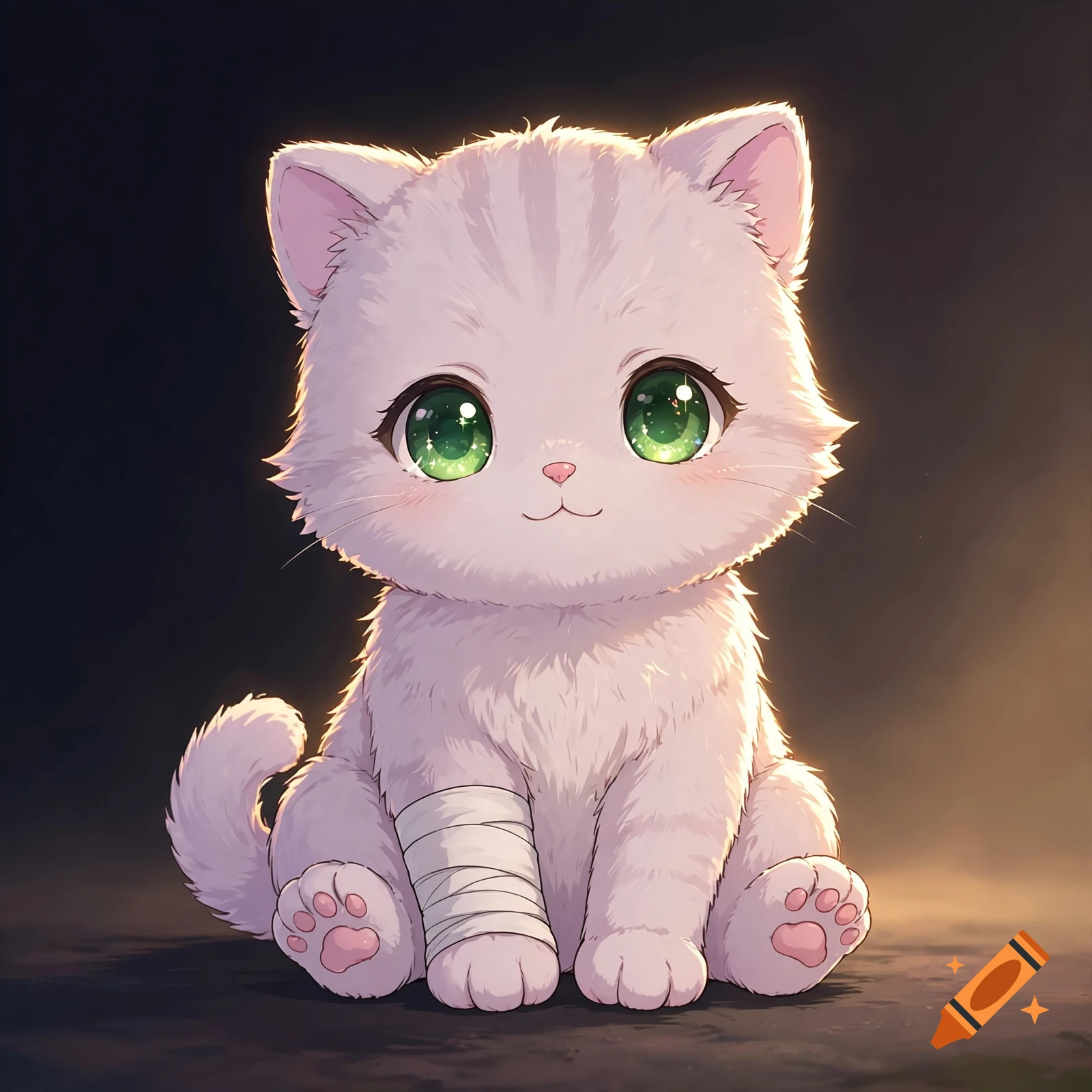 Chibi anime-style fluffy white kitten with big green eyes and a bandage on its front leg, sitting in warm cinematic lighting.