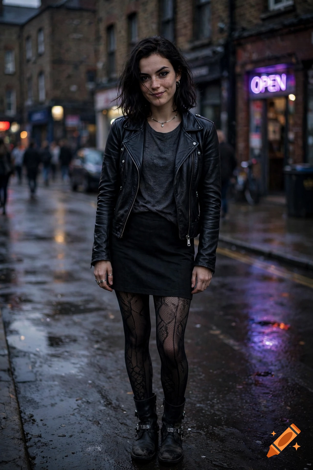 Photorealistic shot of a young woman with dark hair and a leather jacket standing on a wet urban street at night with neon lights in the background.