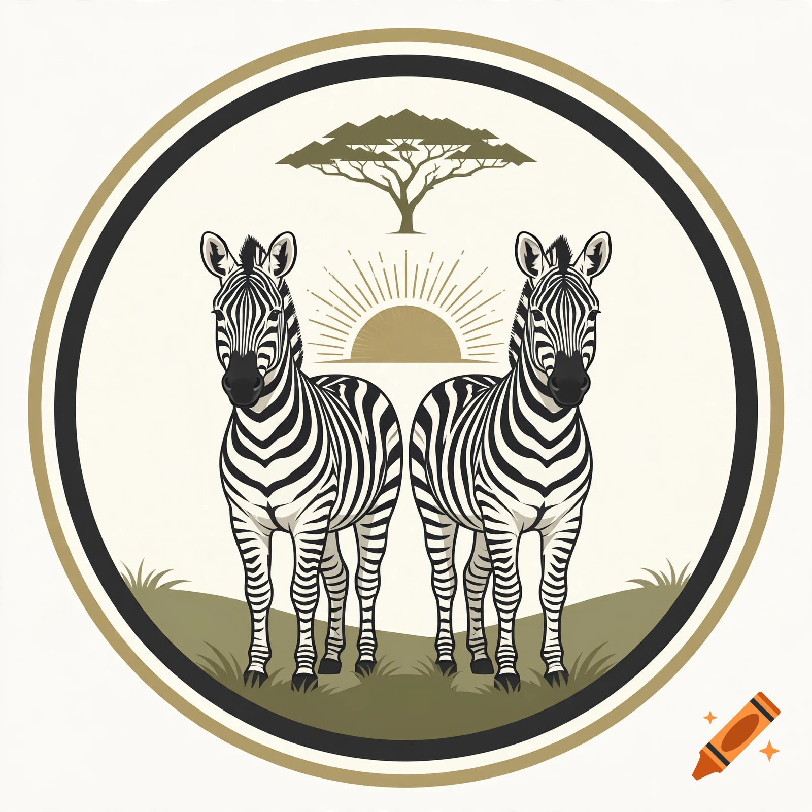 Logo featuring two zebras, an acacia tree, and a sunset in a circular frame, vector style.