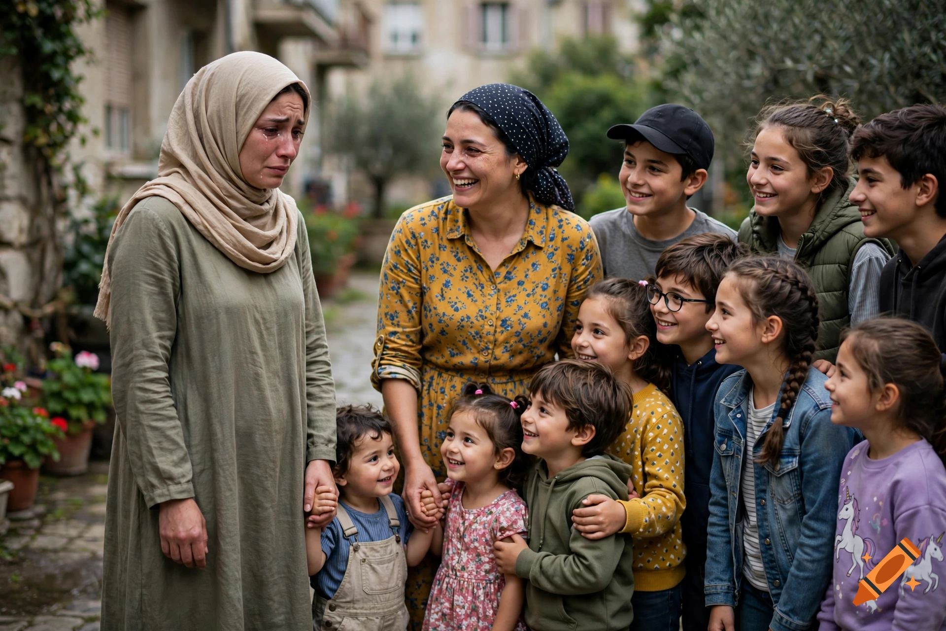 Photorealistic scene of a crying woman in a hijab standing next to a smiling woman and many children outdoors.