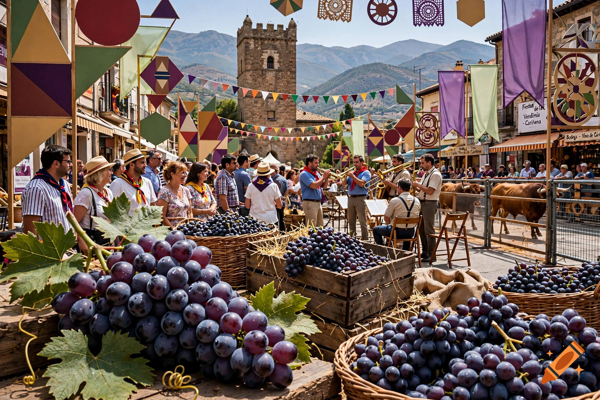 Photorealistic scene of a lively Spanish festival with baskets of purple grapes in the foreground, people, and a stone tower.