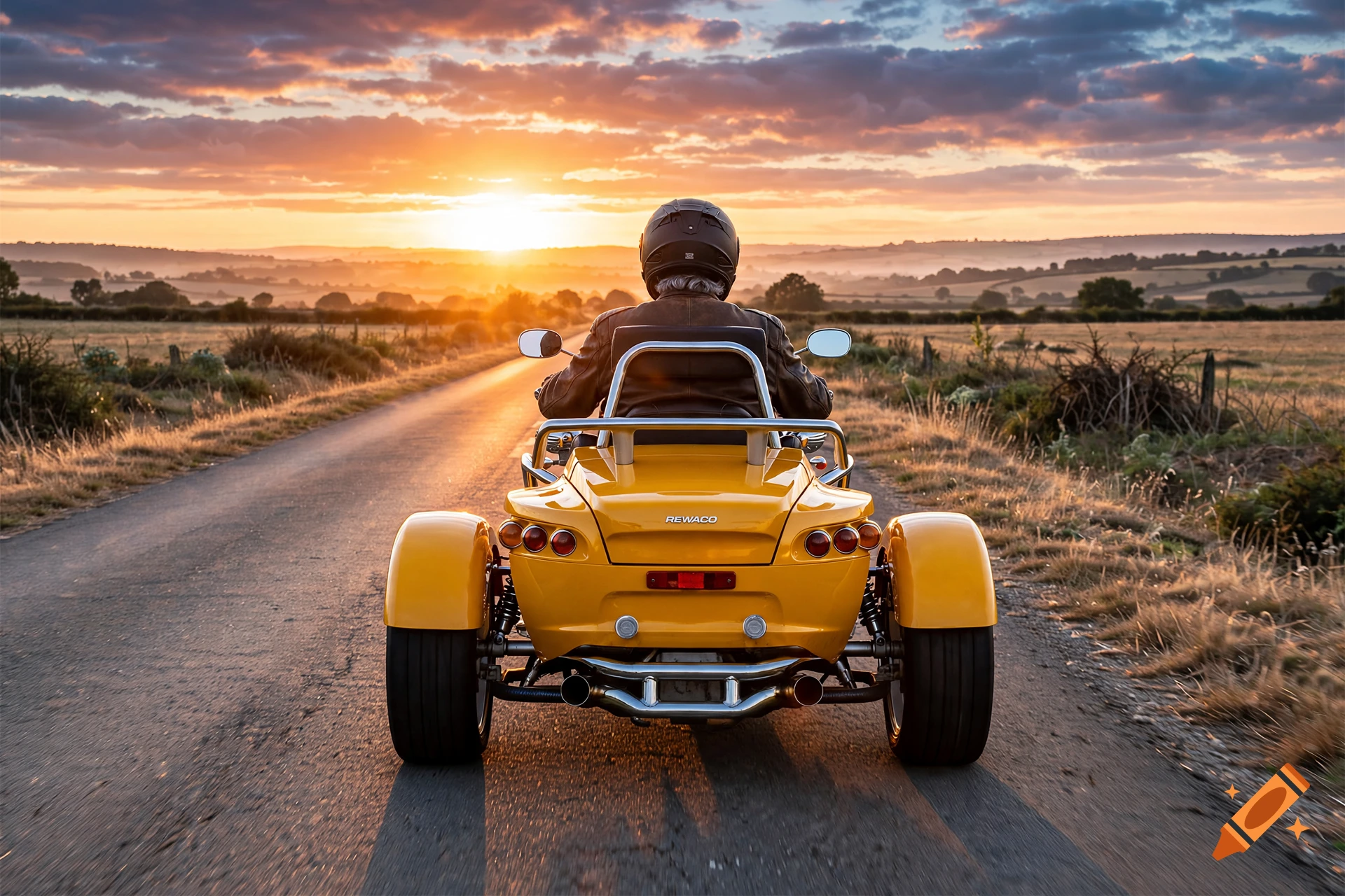 Rear view of an older man driving a yellow Rewaco trike on an asphalt road during a scenic sunset with rolling hills in the background, photorealistic.