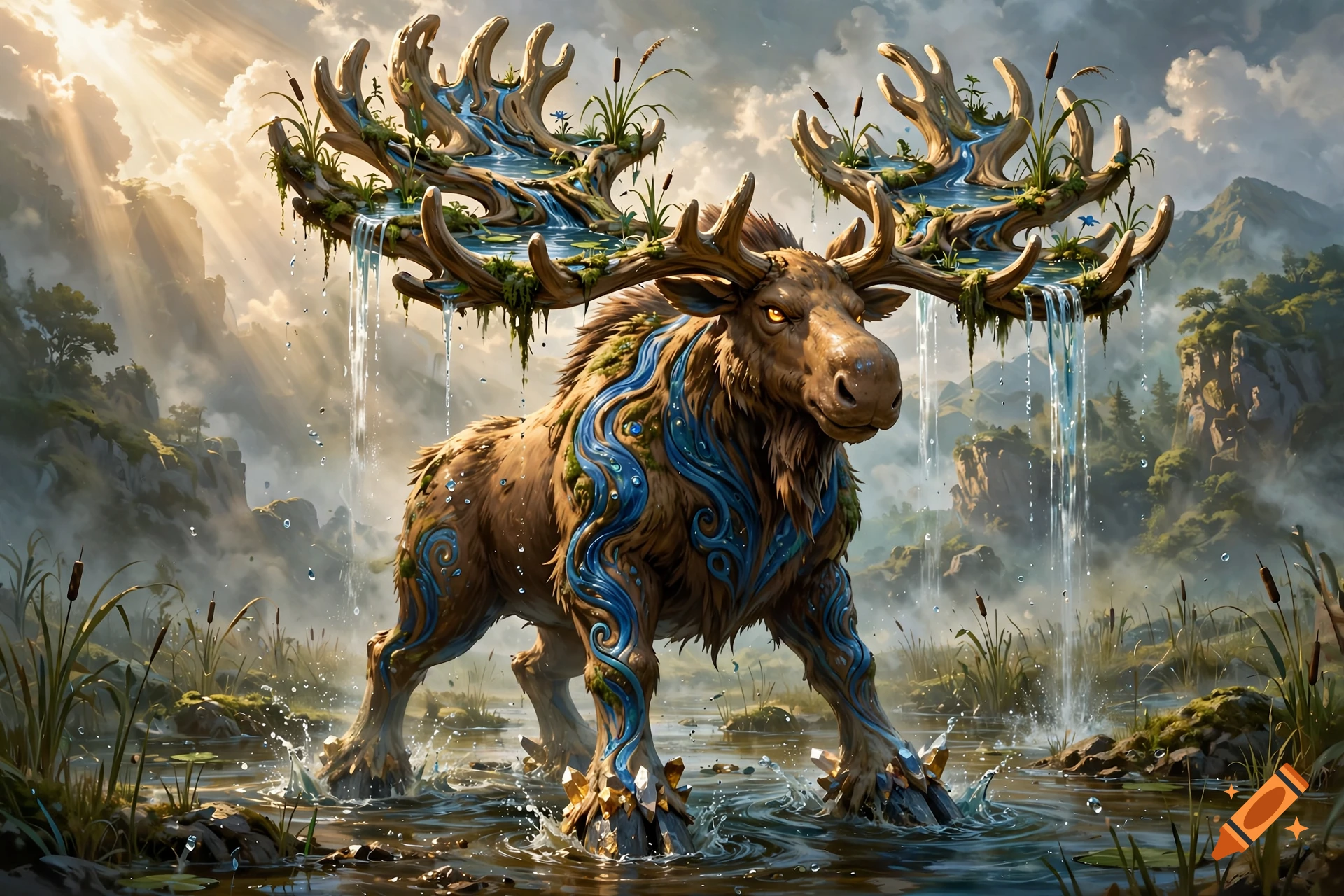 Digital painting of a water and ground-type elemental moose creature with antlers shaped like miniature river landscapes, standing in shallow water.