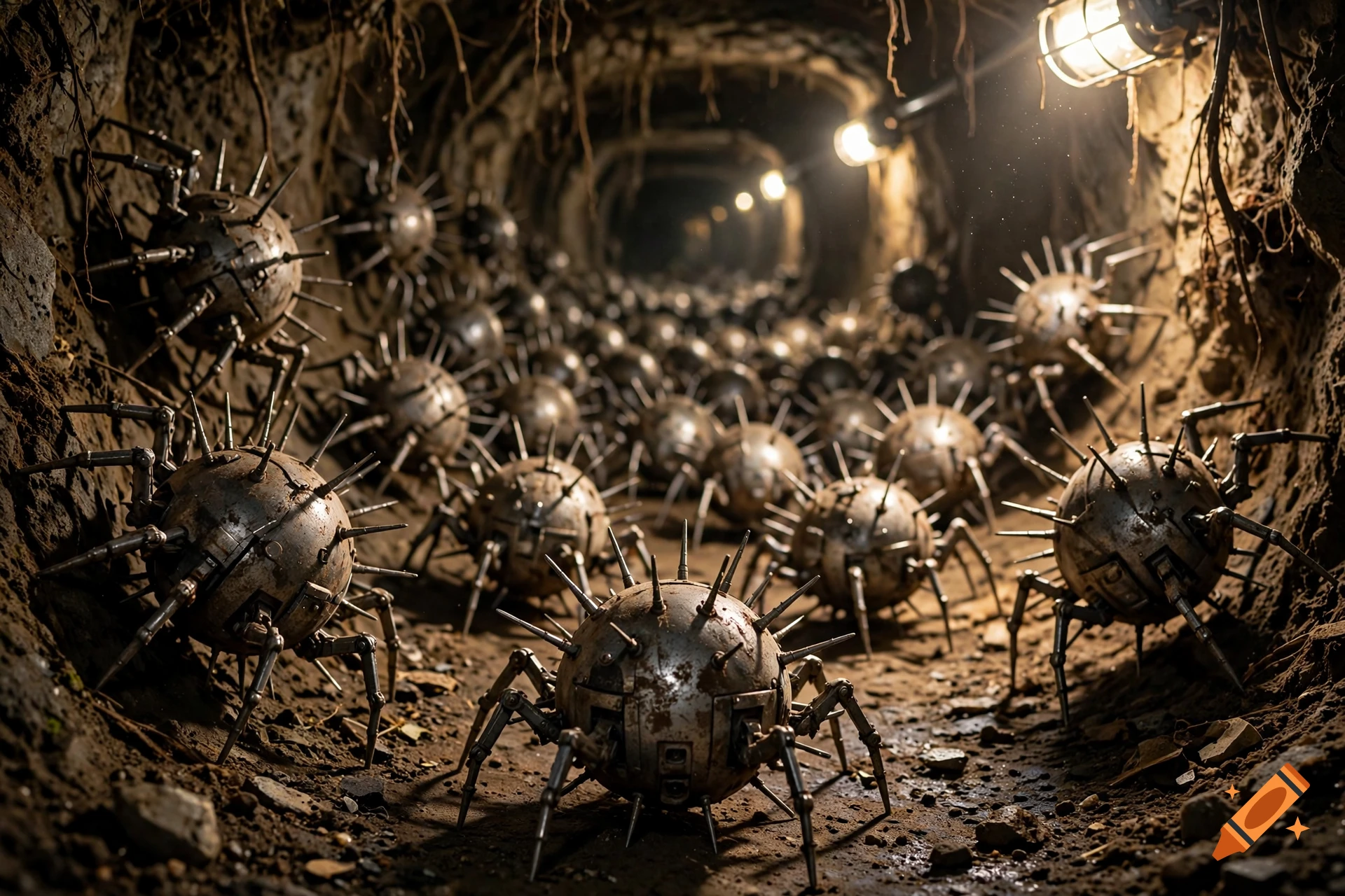 Photorealistic image of a swarm of spherical, metal, spiky tunnel crawler robots filling a dark dirt cave.