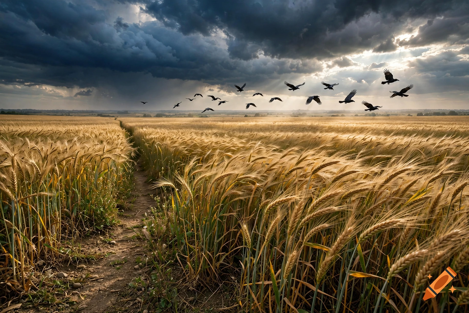 Photorealistic image of a golden wheat field with a dirt path, a flock of birds flying, and a dramatic stormy sky.