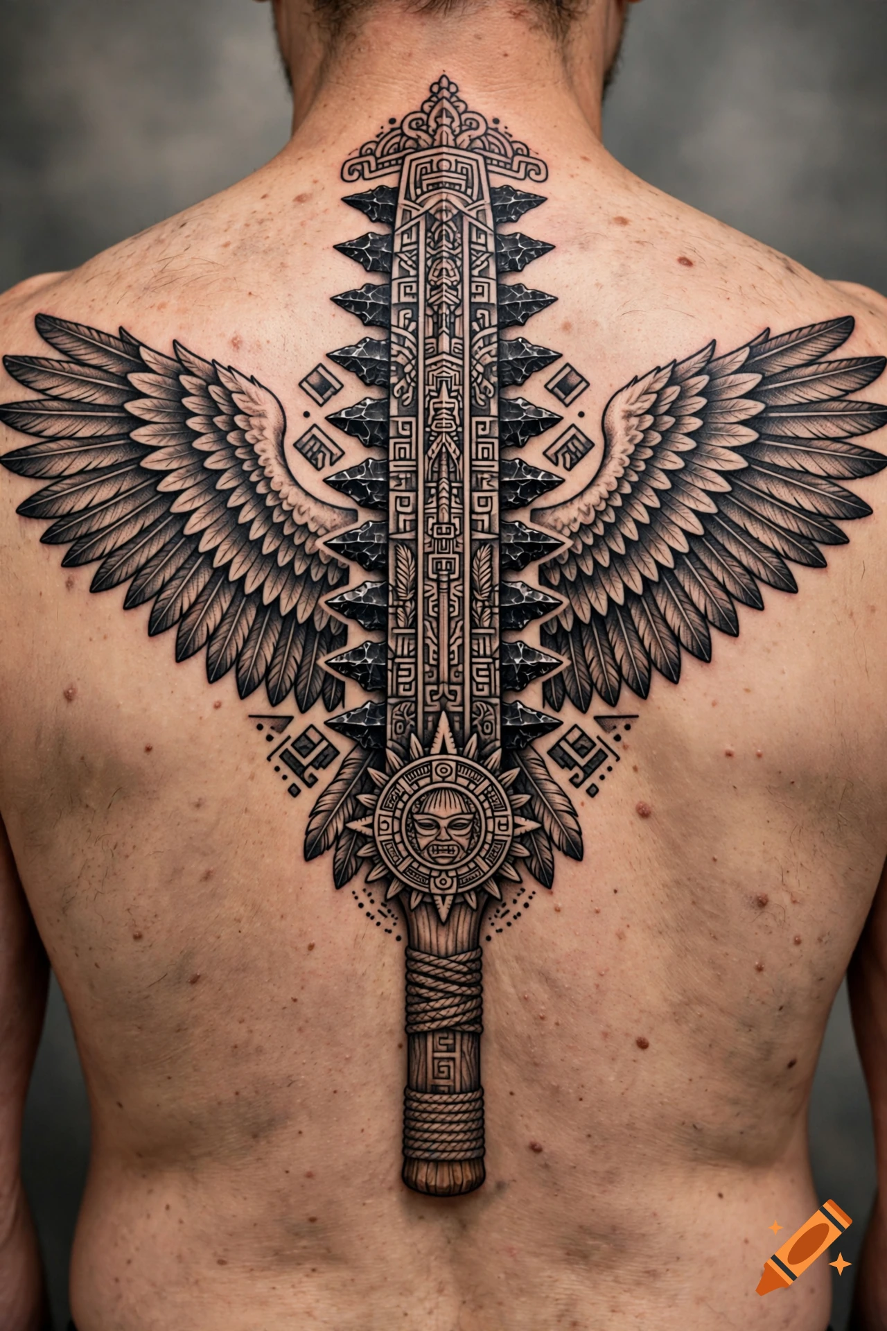 Detailed back tattoo featuring an Aztec macuahuitl sword with eagle wings and a sun on the hilt, photorealistic.