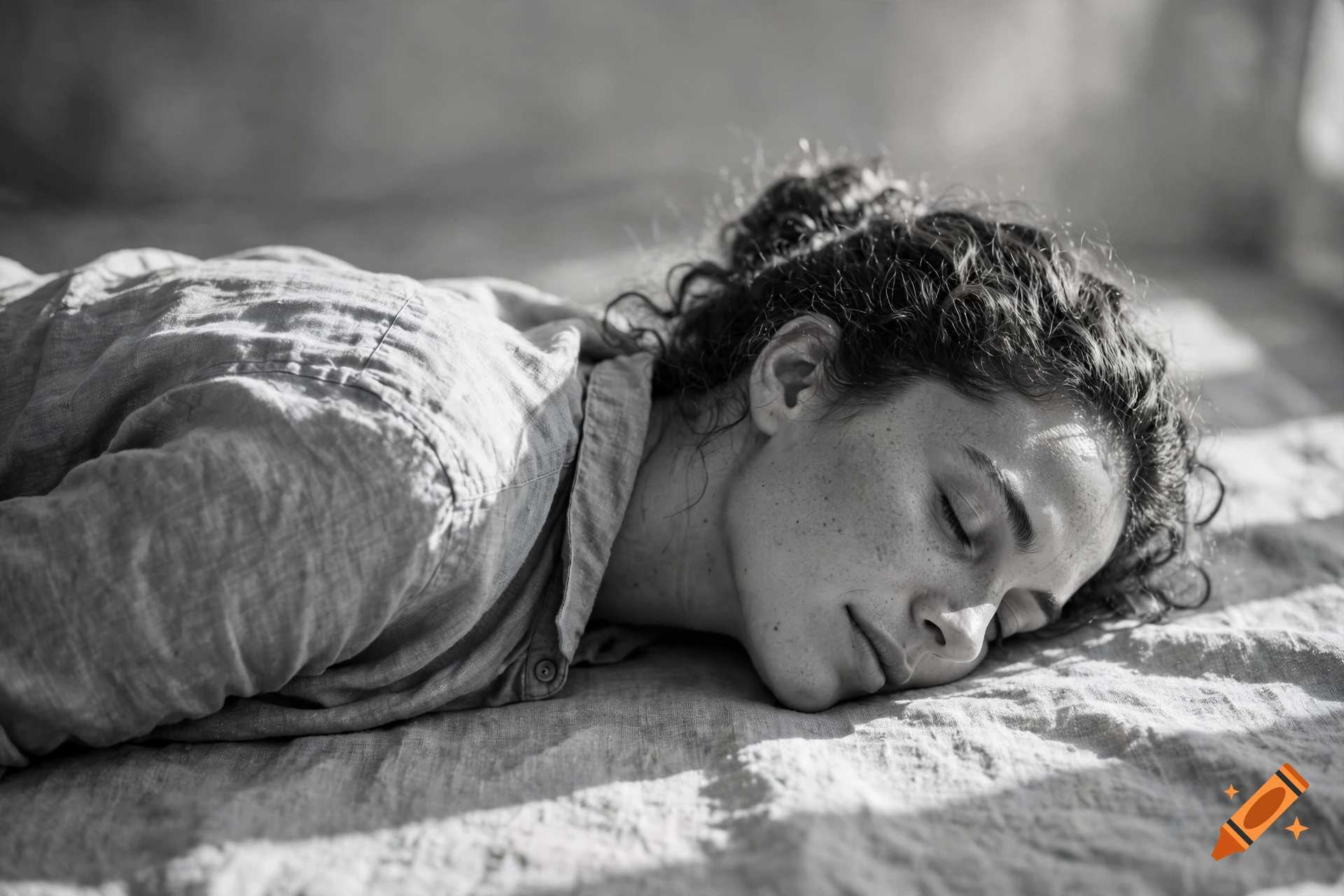 Black and white photorealistic portrait of a person with curly hair lying down with eyes closed.