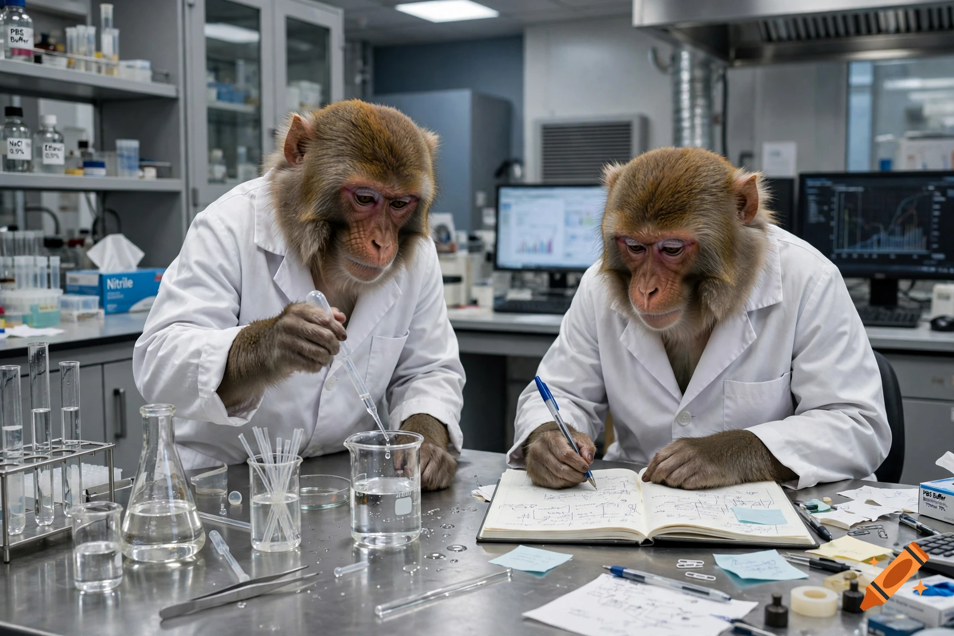 Two monkeys in lab coats conducting an experiment in a science laboratory, photorealistic.