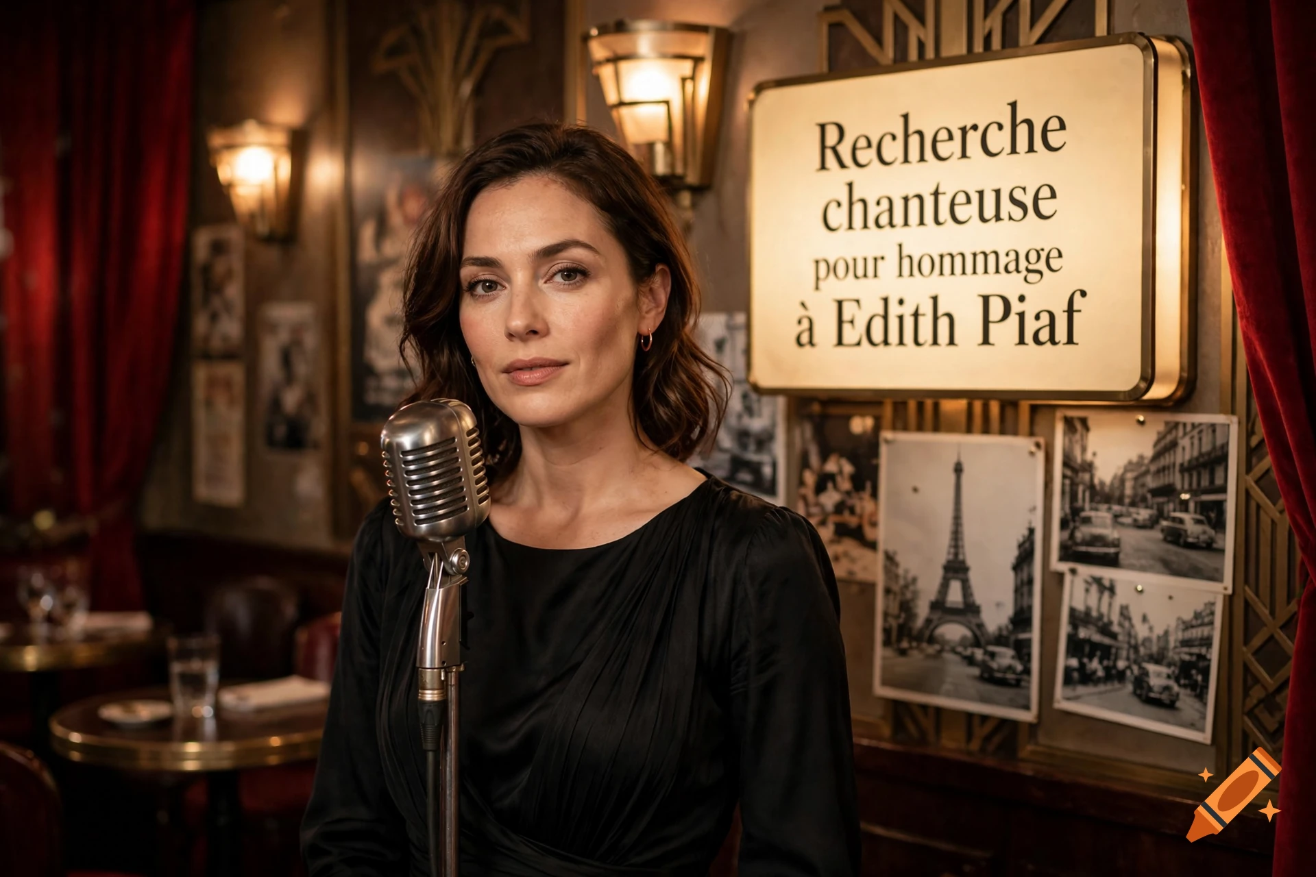 A woman stands in front of a vintage microphone in a dimly lit bar, with a sign reading "Recherche chanteuse pour hommage à Edith Piaf" on the wall behind her.