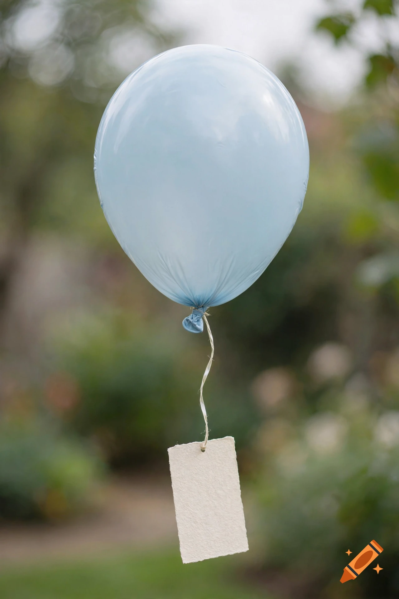 A light blue balloon with a string and a blank card attached, floating outdoors against a blurred green background.