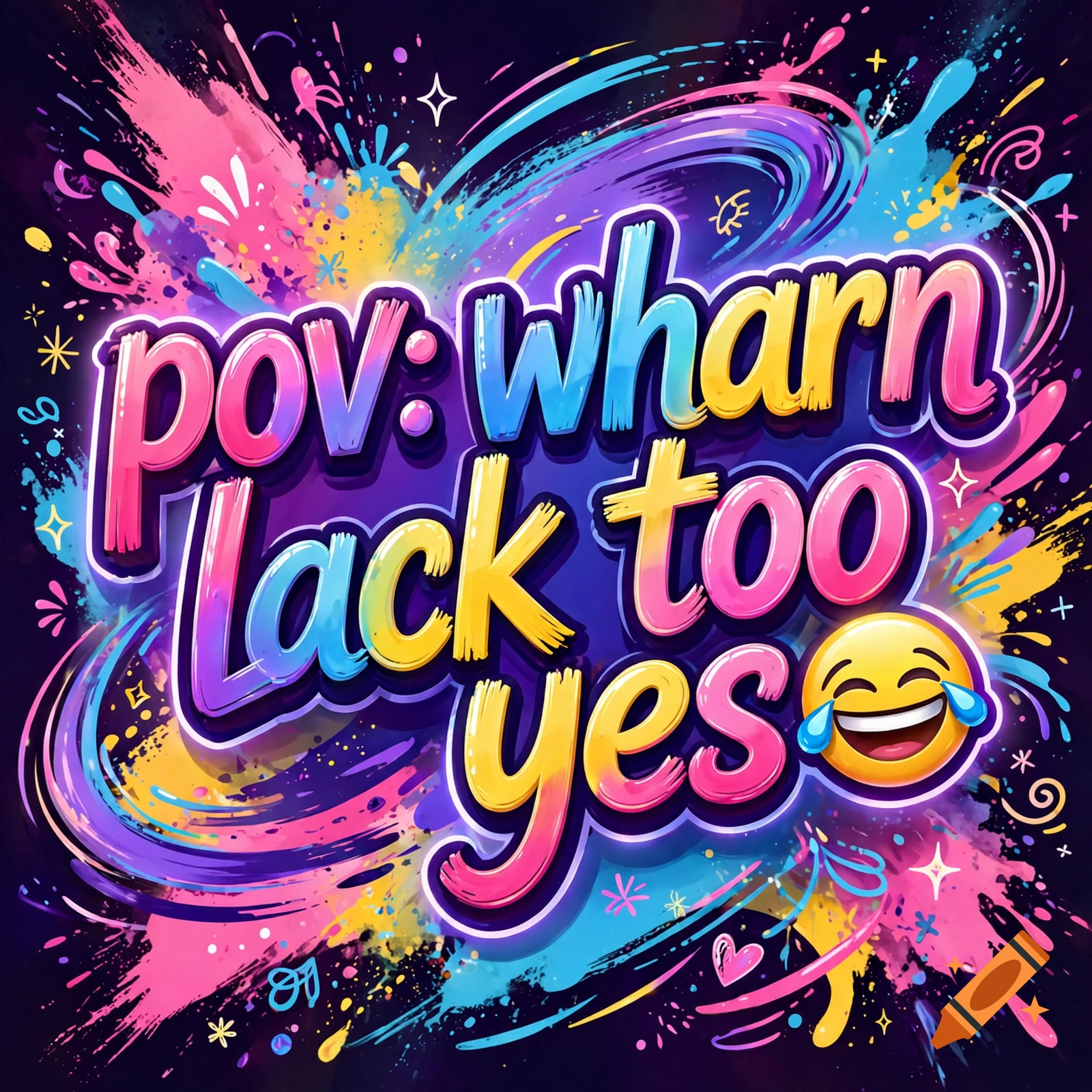 Colorful graffiti-style graphic with the text 'pov: wharn lack too yes' and a laughing emoji on a dark splattered background.