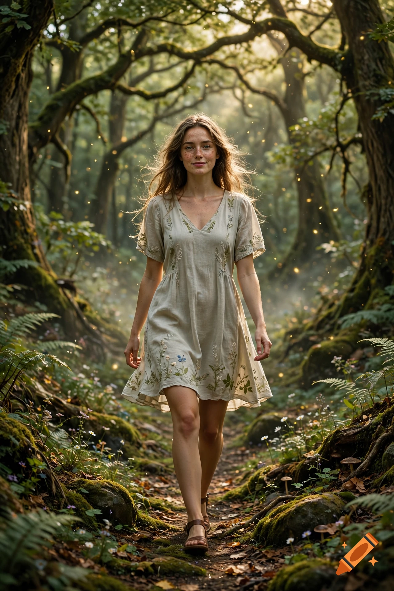 Photorealistic image of a young woman in a light dress walking through a magical, sunlit forest.