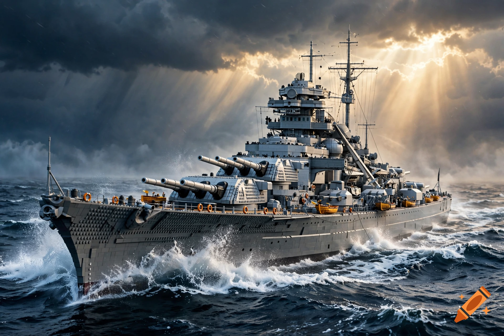 Detailed Lego model of the battleship Bismarck sailing through rough ocean waters under a dramatic stormy sky with sun rays.