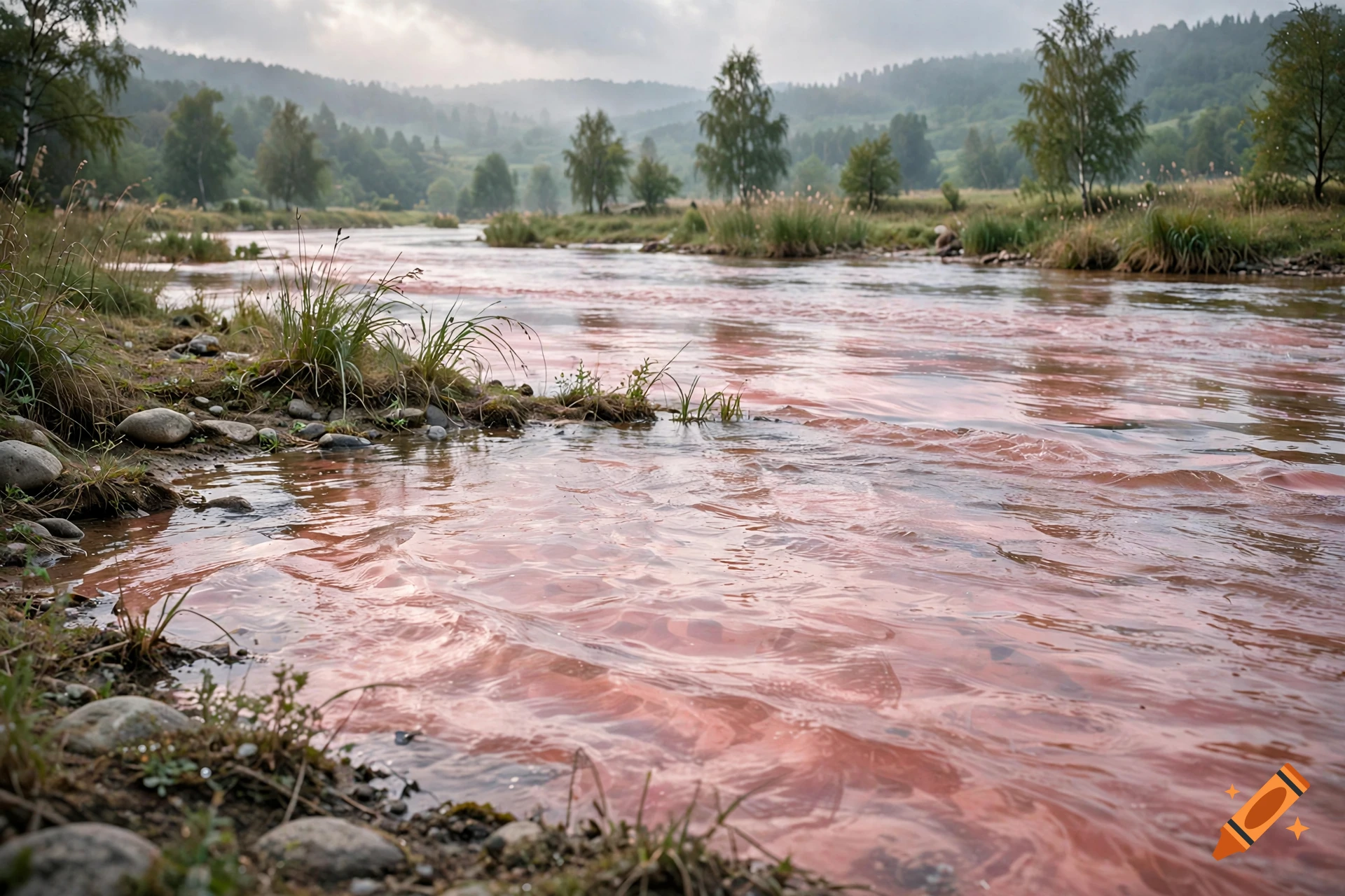 Photorealistic image of a wide river with pinkish-red water flowing through a green valley with trees and distant hills under a cloudy sky.
