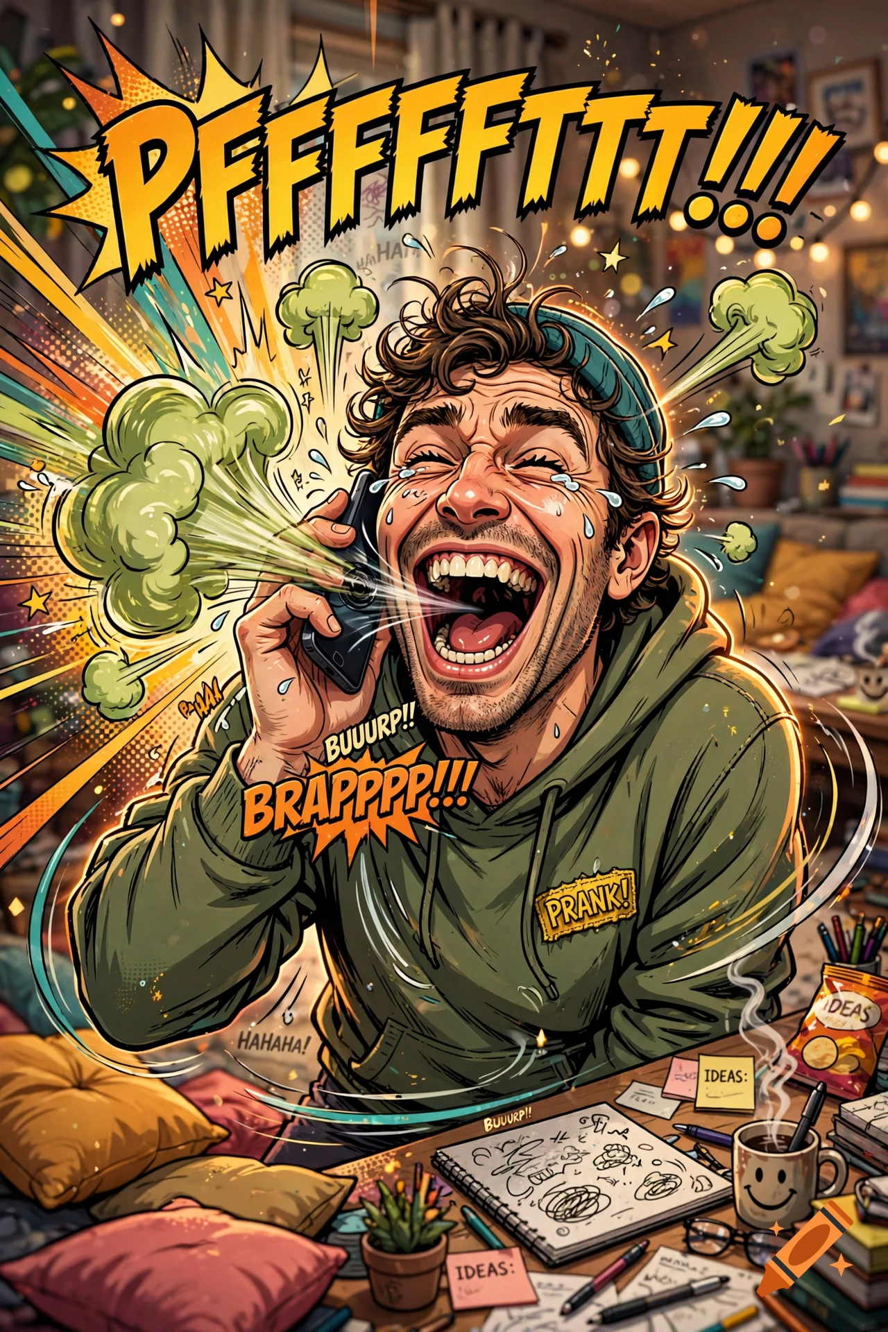 A man laughing hysterically while talking on a phone, surrounded by comic-style sound effect text in a vibrant illustration.