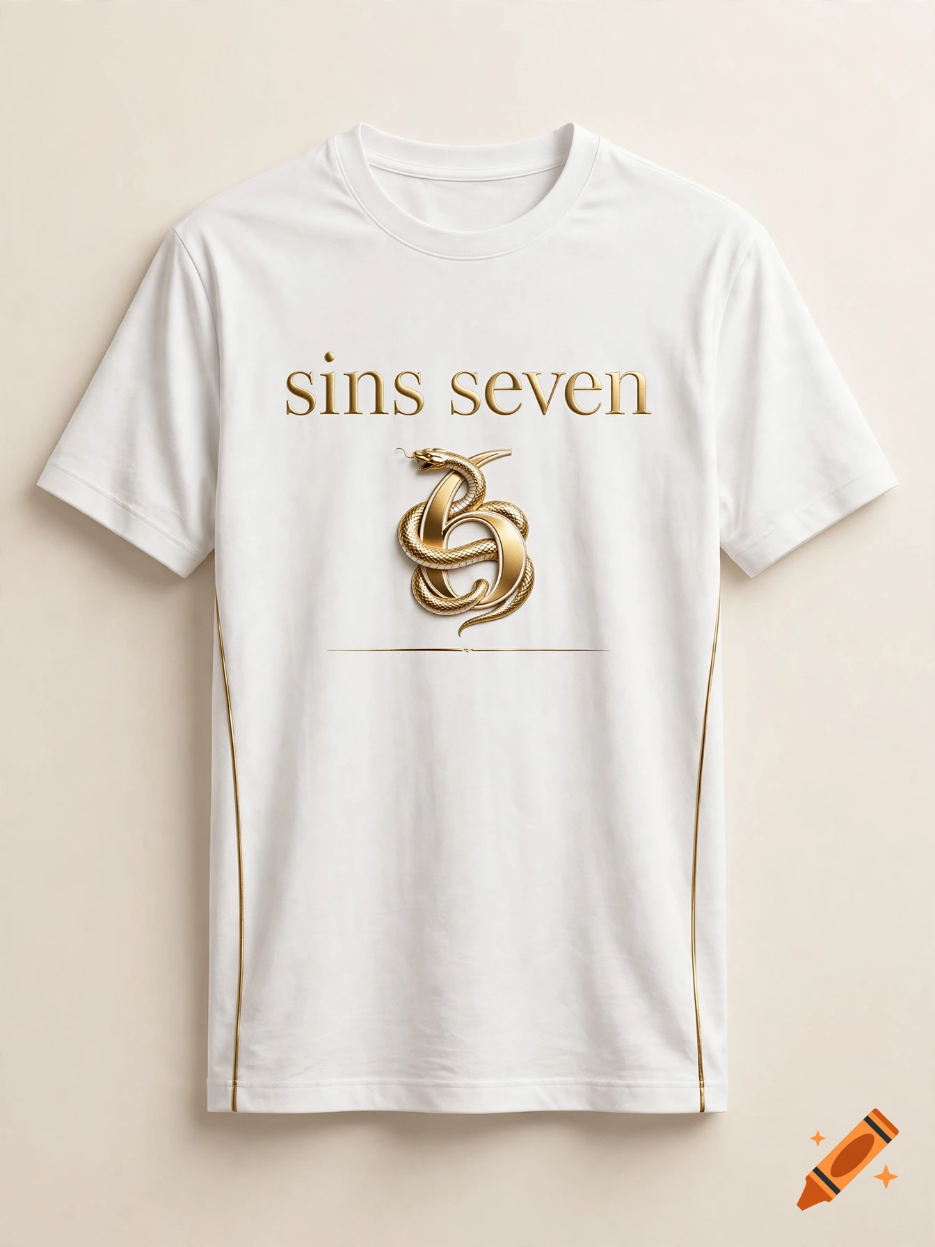 A white t-shirt featuring the gold text 'sins seven' and a stylized gold snake logo shaped like a six.