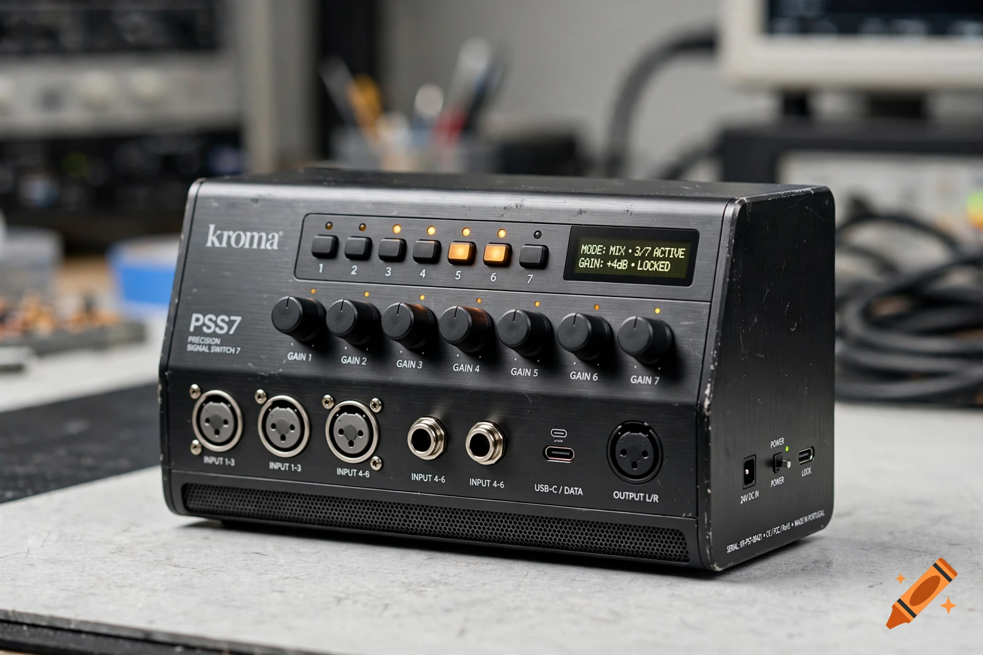 Photorealistic close-up of a black Kroma PSS7 precision signal switch audio device on a workbench with knobs, jacks, and a digital display.