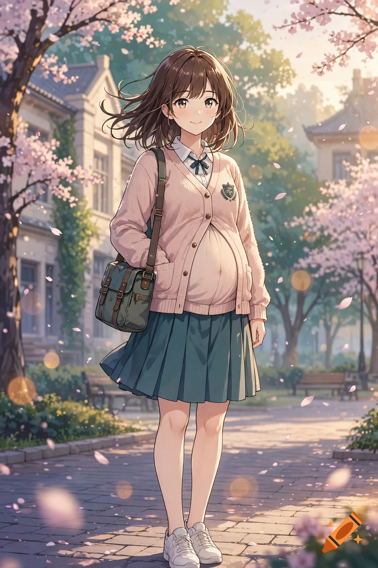 Anime style illustration of a pregnant student walking down a tree-lined path.