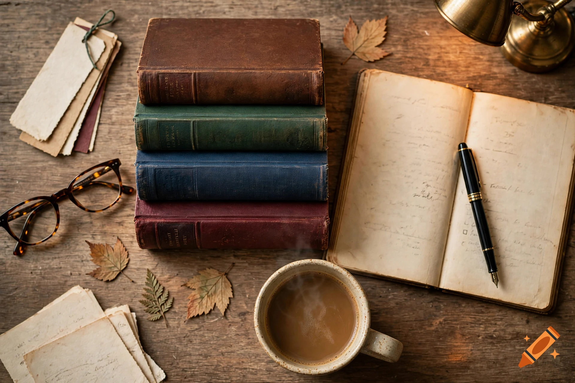 An overhead shot of a wooden desk featuring a stack of antique books, an open journal with a pen, a steaming mug of coffee, glasses, loose notes, and fallen autumn leaves.