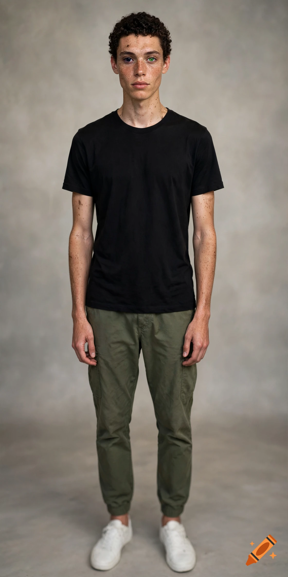 Full-length photorealistic portrait of a young man with curly dark brown hair, freckles, a black t-shirt, and green cargo pants.