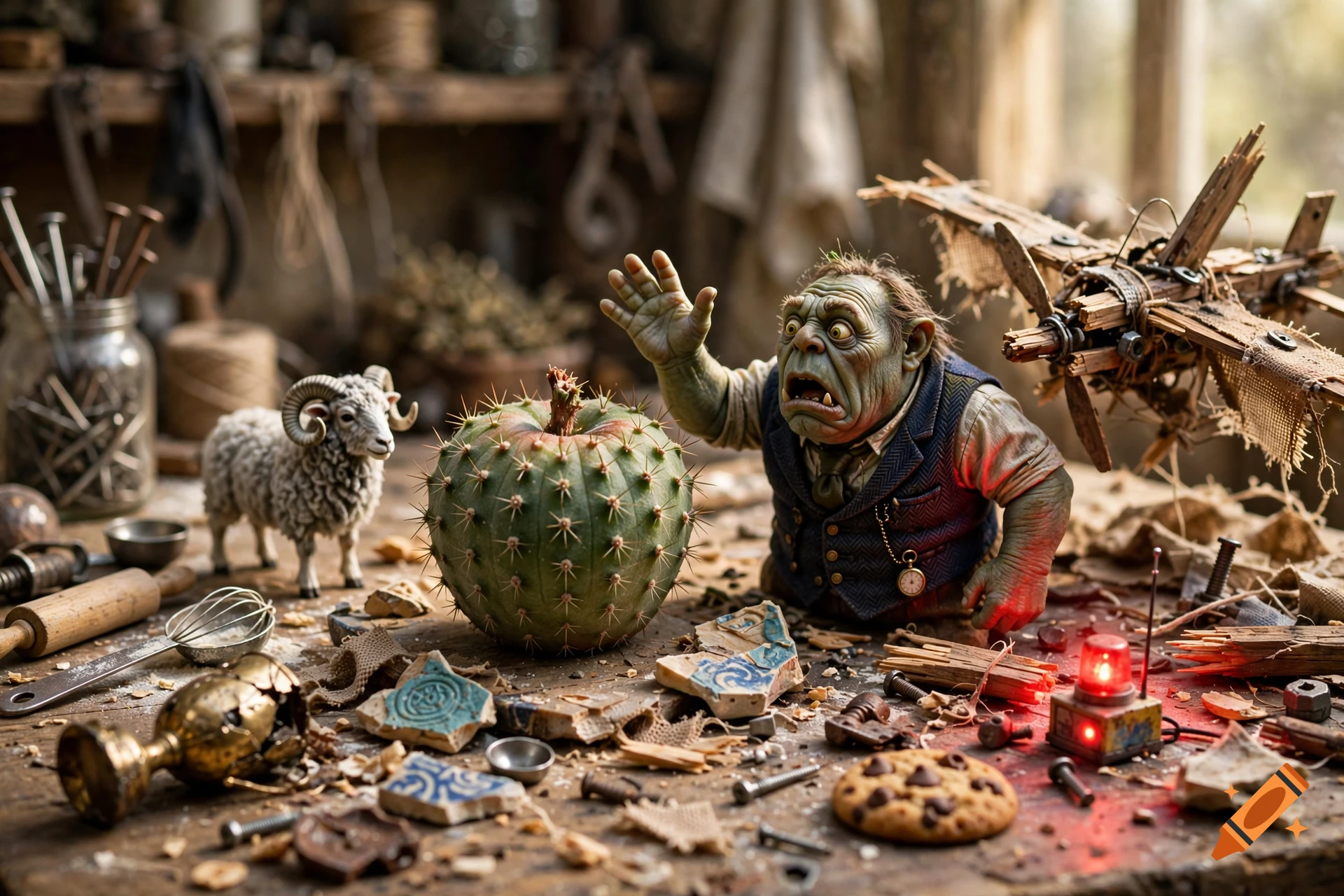 A detailed diorama featuring a confused green ogre figurine waving next to a cactus, a toy ram, and a miniature wooden aircraft on a cluttered workbench.