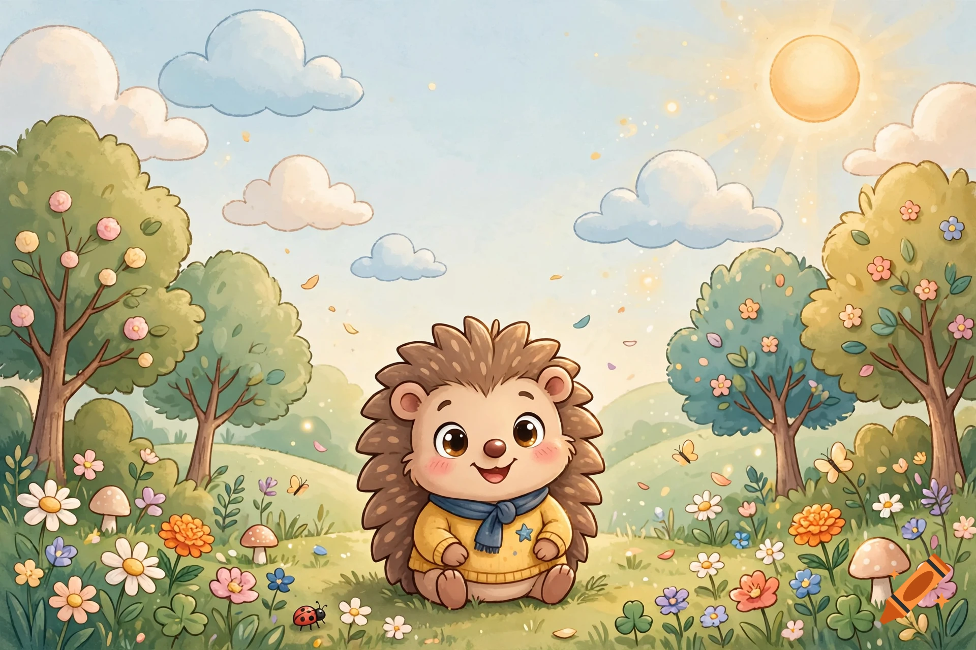 A cute cartoon hedgehog wearing a yellow sweater and blue scarf in a sunny meadow with flowers and trees, children's book illustration style.