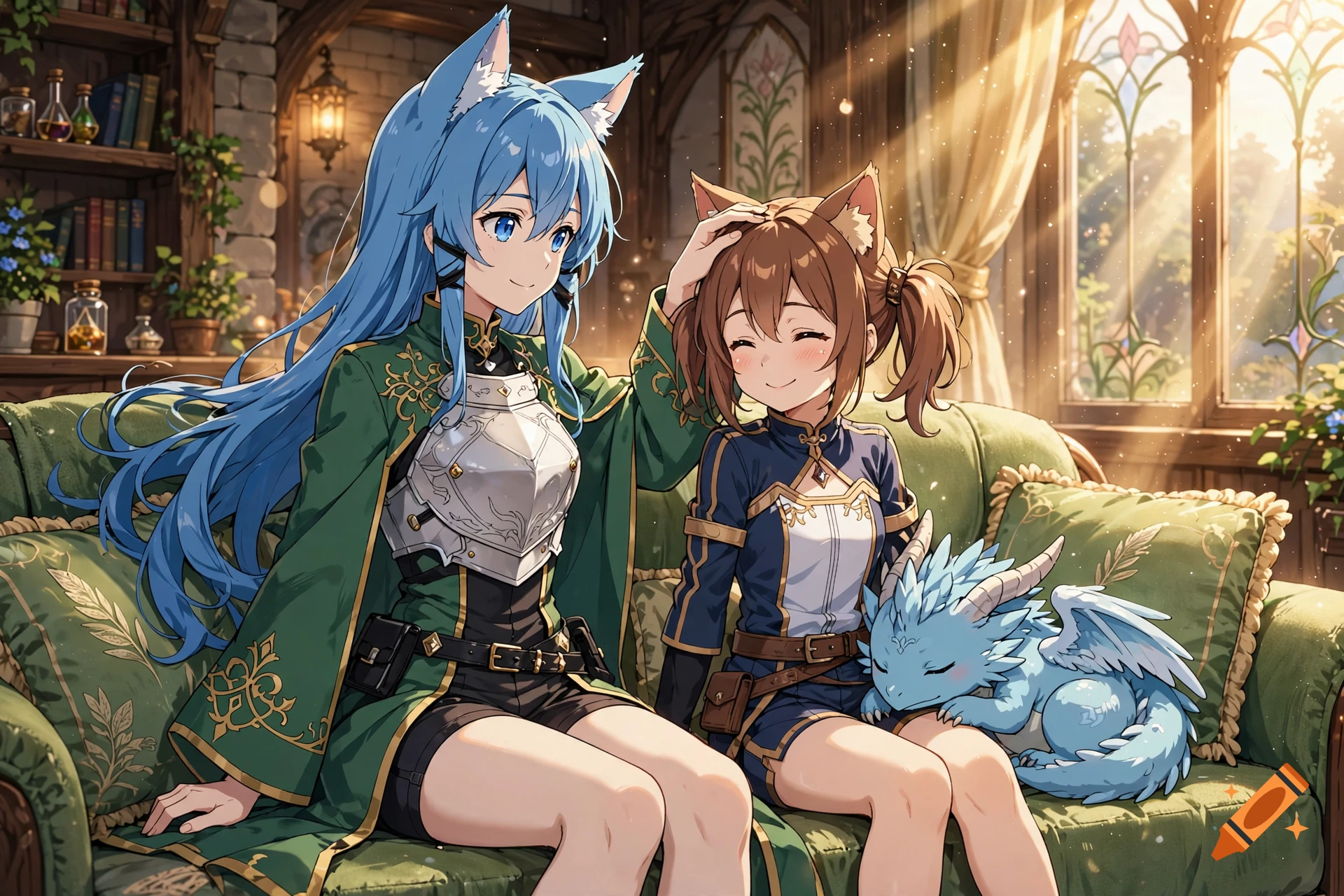 Anime artwork of two girls with cat ears sitting on a green sofa with a small blue dragon, in a sunlit room.