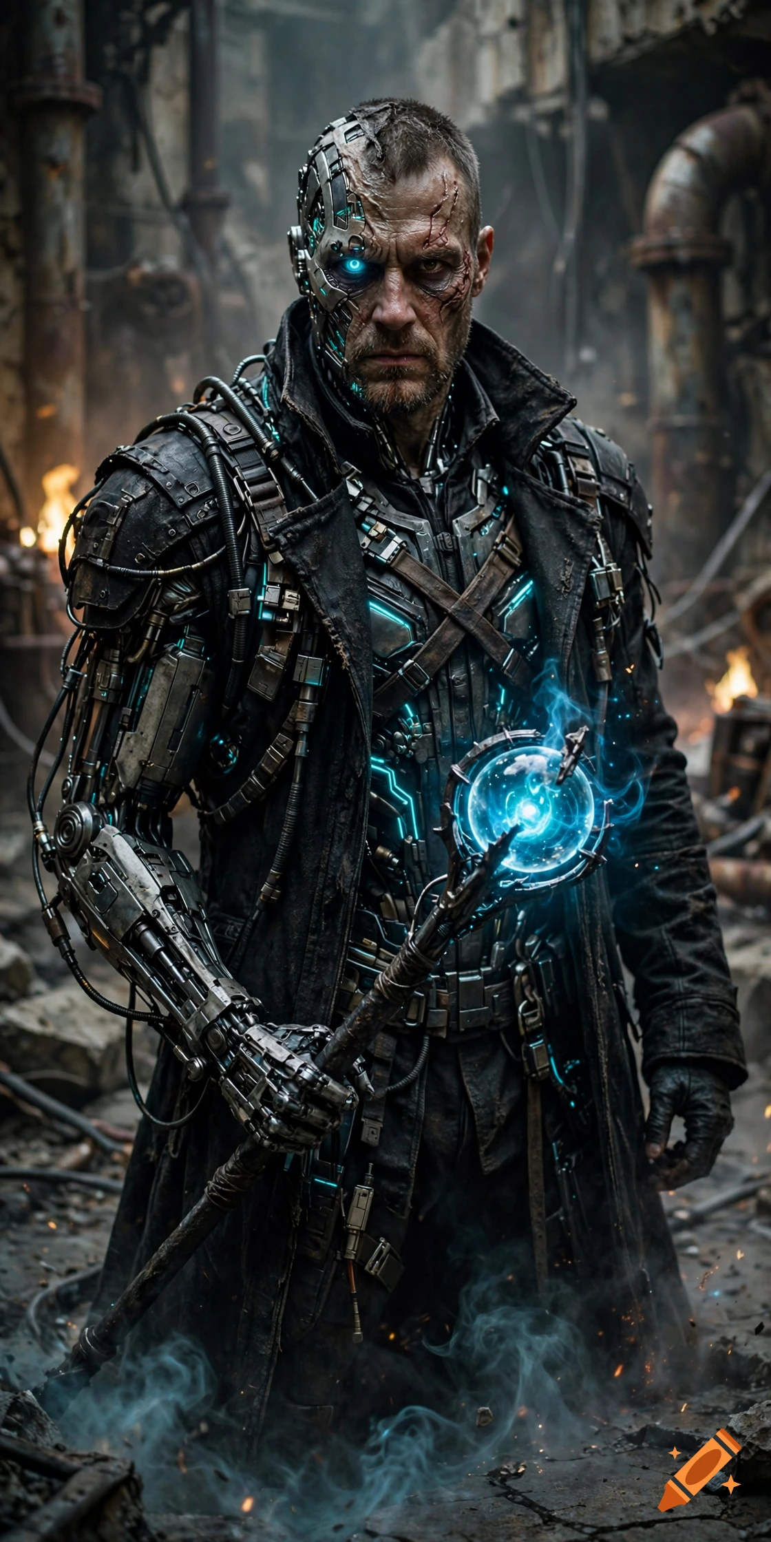 A cyborg man with a mechanical eye and arm holding a glowing staff in a ruined industrial setting.