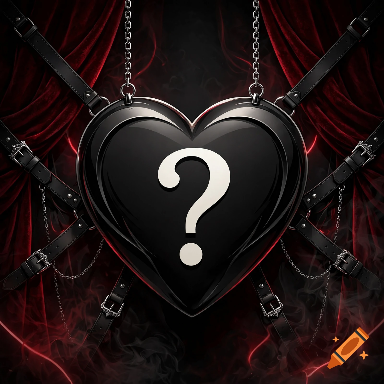 A glossy black heart with a question mark symbol, hanging by chains against red curtains and leather straps.
