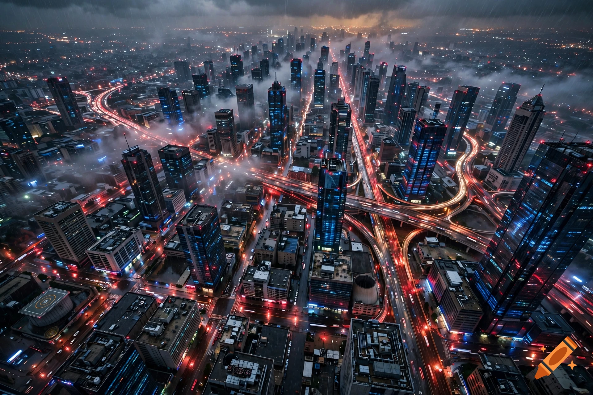 Aerial view of a neon-lit futuristic metropolis at night during a rainstorm.