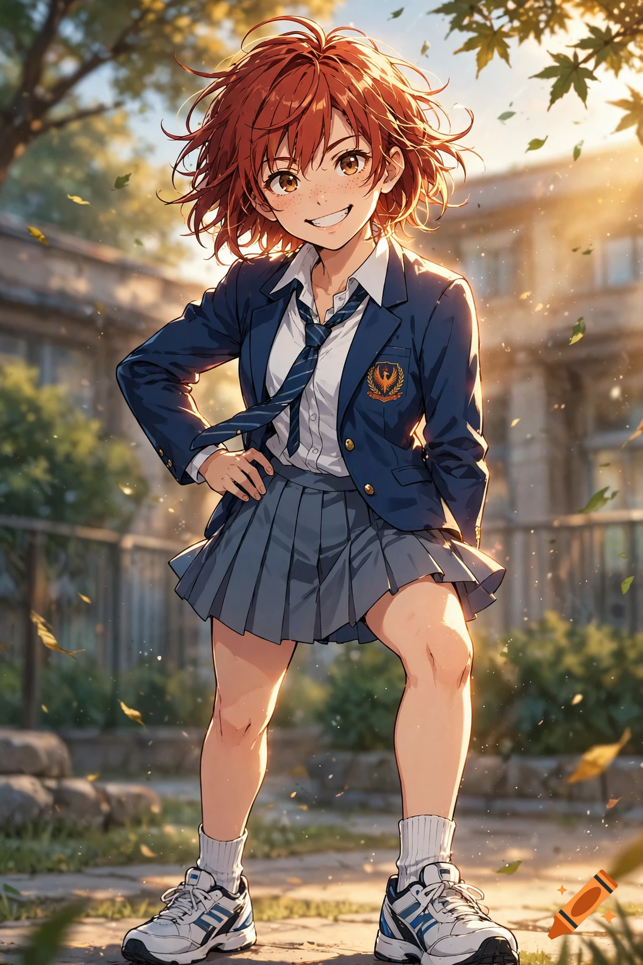 An athletic teenage tomboy with short red hair and a confident smile wearing a school uniform, manga style.