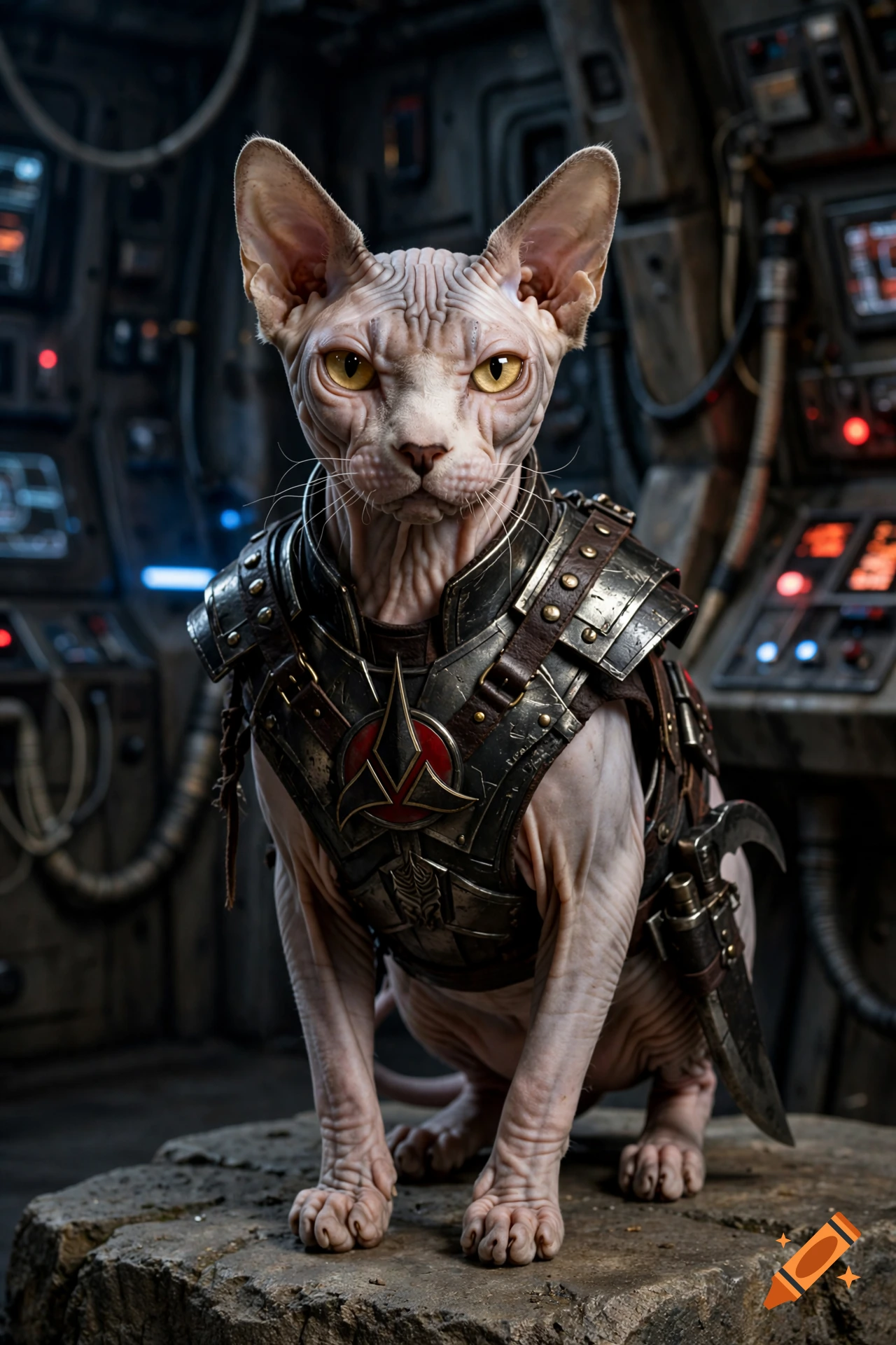 A hairless Sphynx cat wearing sci-fi armor sits inside a spaceship cockpit.
