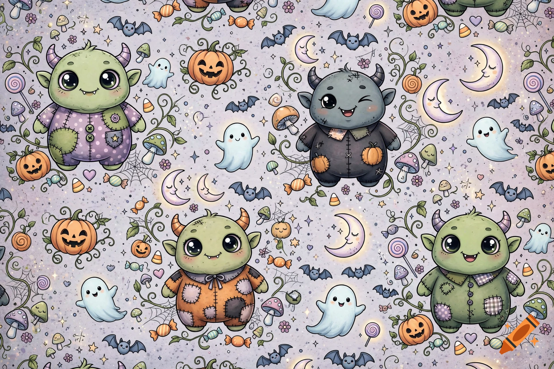 Seamless kawaii Halloween pattern featuring cute green and grey ogres, ghosts, pumpkins, bats, and moons on a pale purple background.