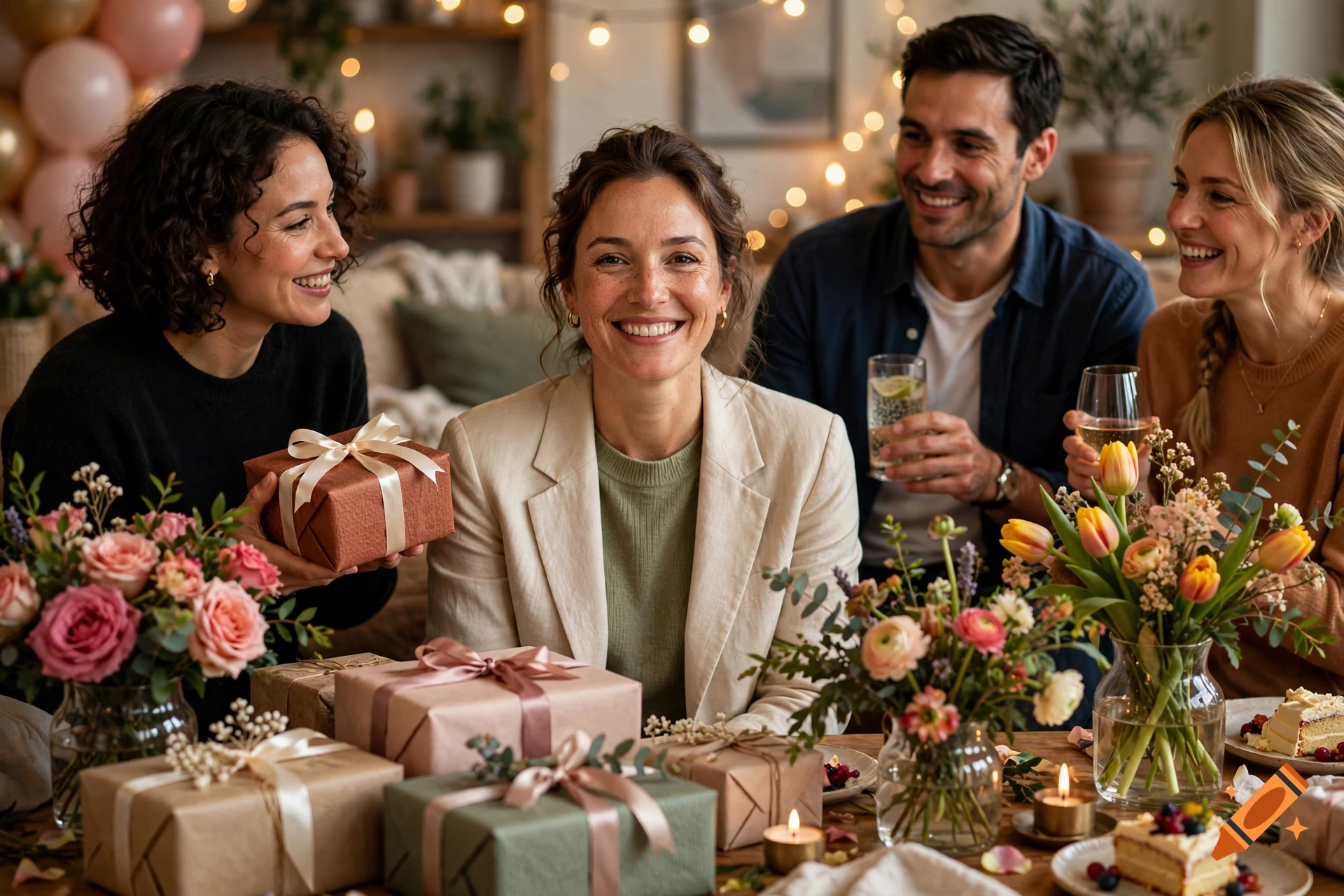 Photorealistic image of a group of friends celebrating a birthday with gifts, flowers, and cake.