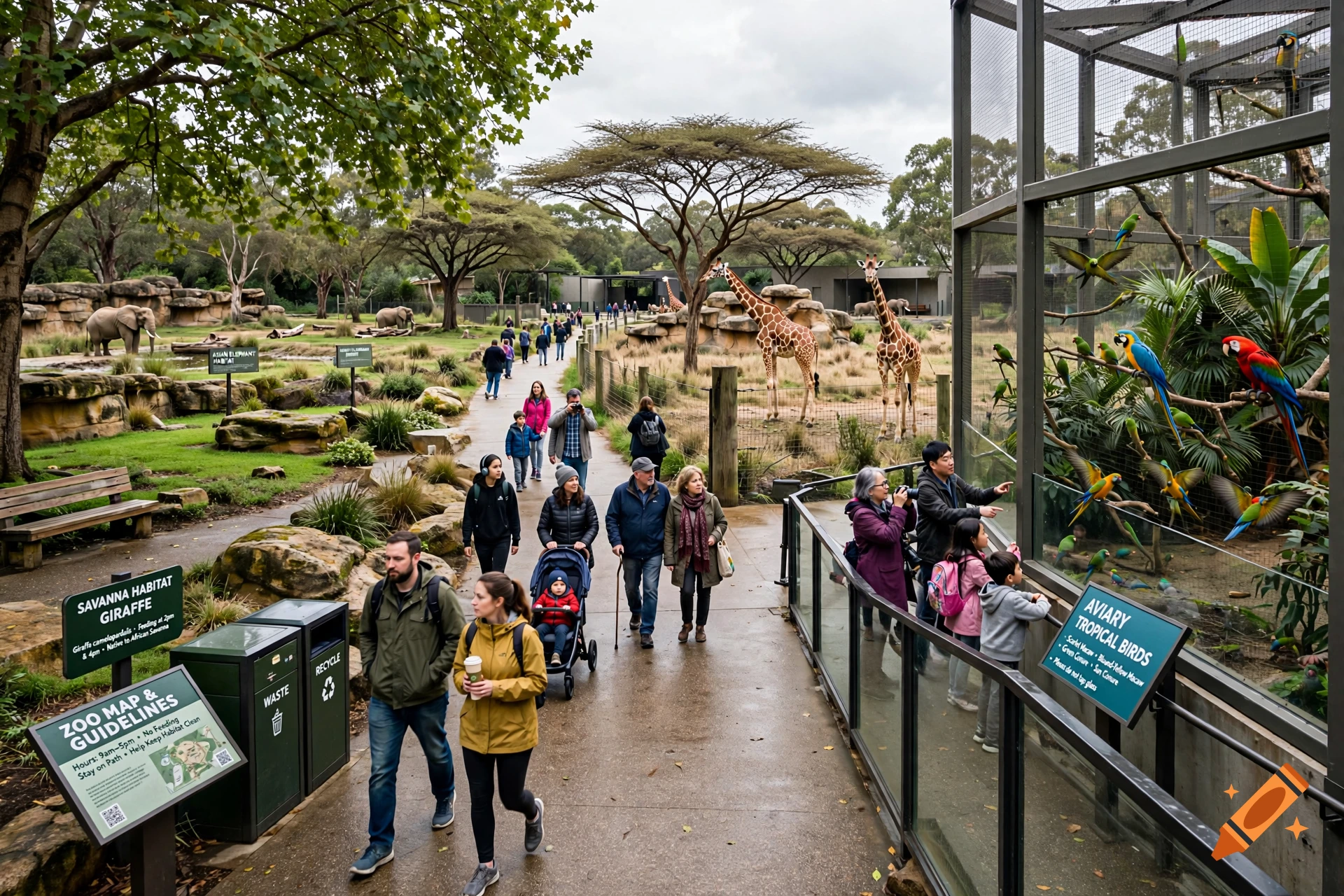 Photorealistic view of a busy zoo path with visitors walking past enclosures containing giraffes, elephants, and tropical birds.