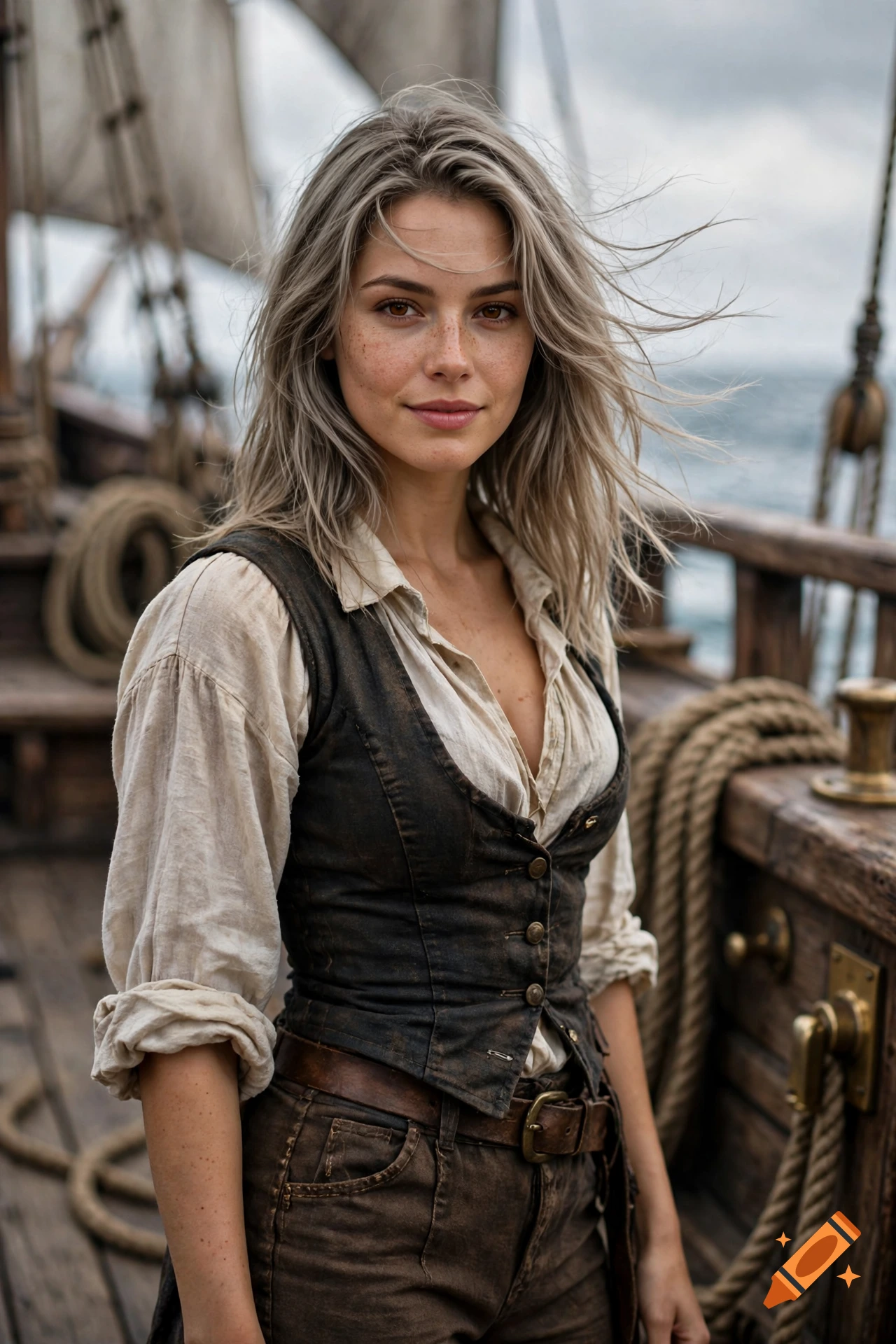 Photorealistic portrait of a female pirate with ash-blonde hair and freckles on a ship deck.