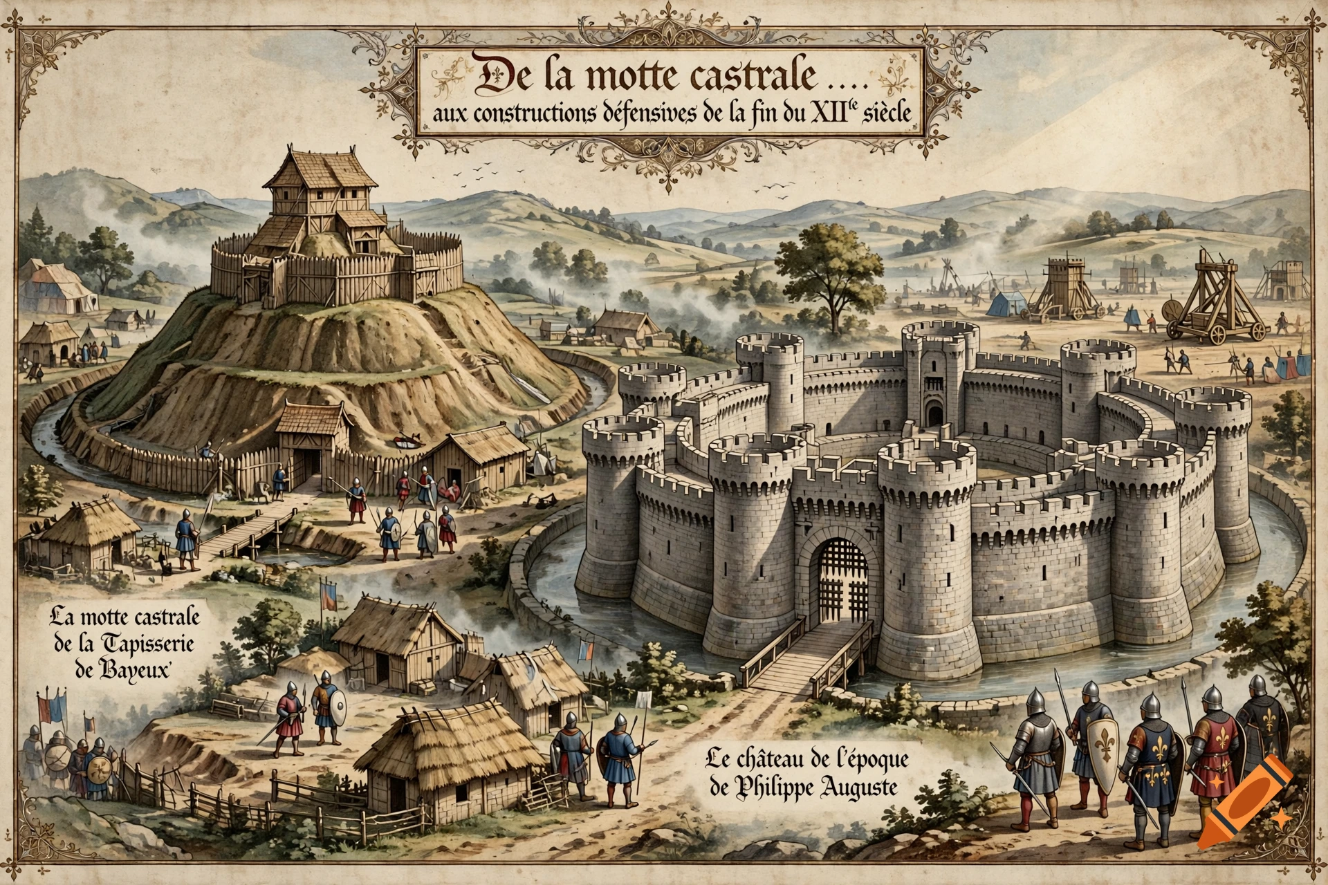 Historical illustration comparing a motte-and-bailey castle and a 12th-century stone round castle with soldiers and siege engines.
