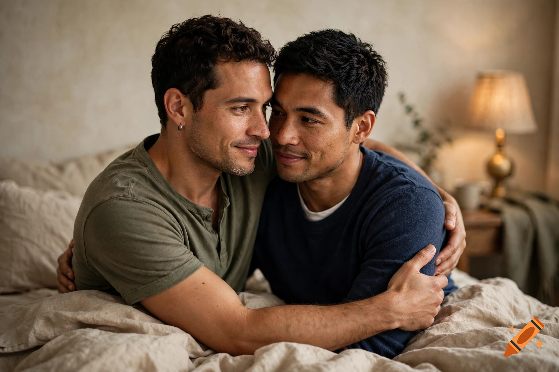 Photorealistic image of two men smiling and hugging in a bed.