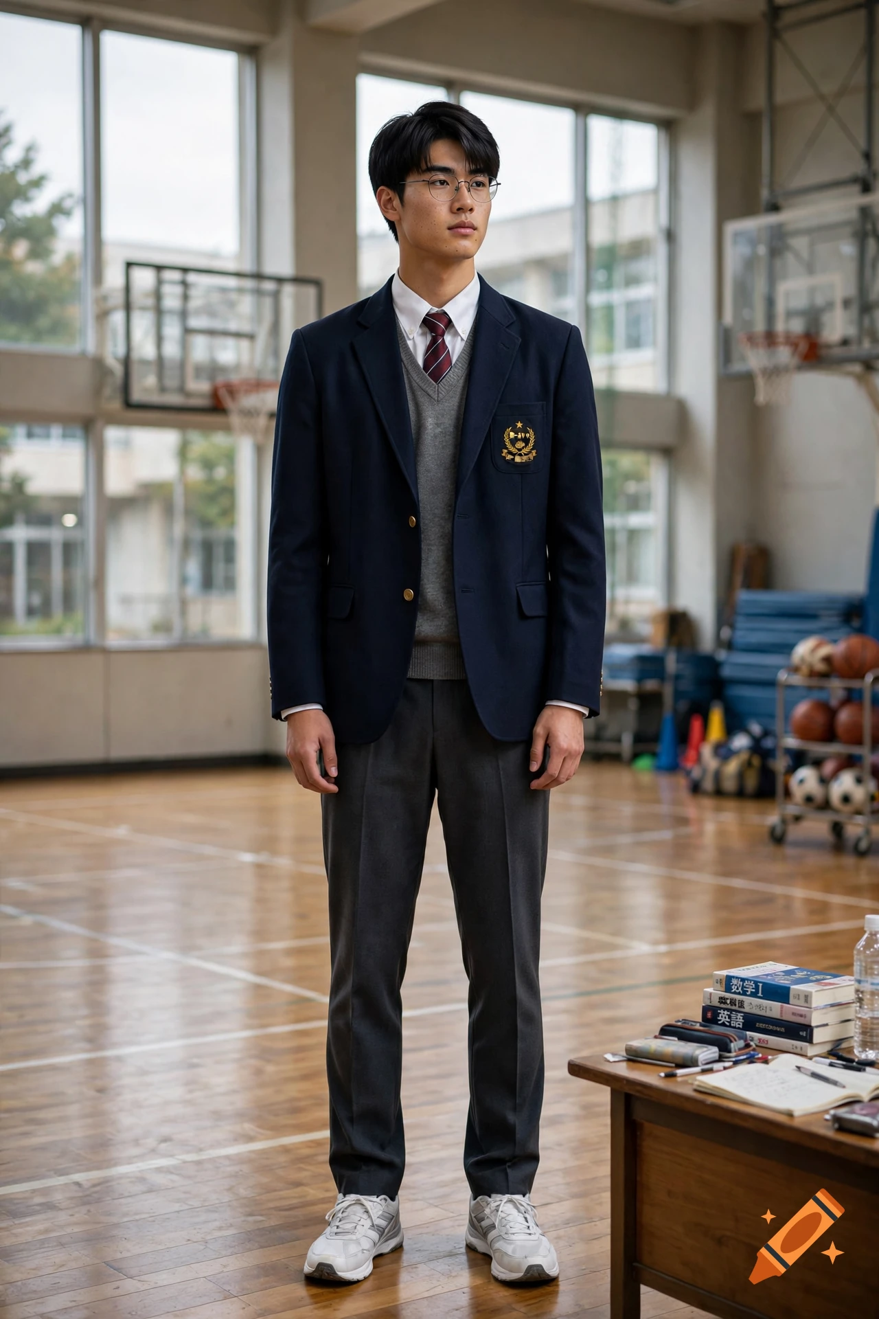 Photorealistic image of a tall Asian high school student wearing a blazer and glasses, standing in a school gymnasium.