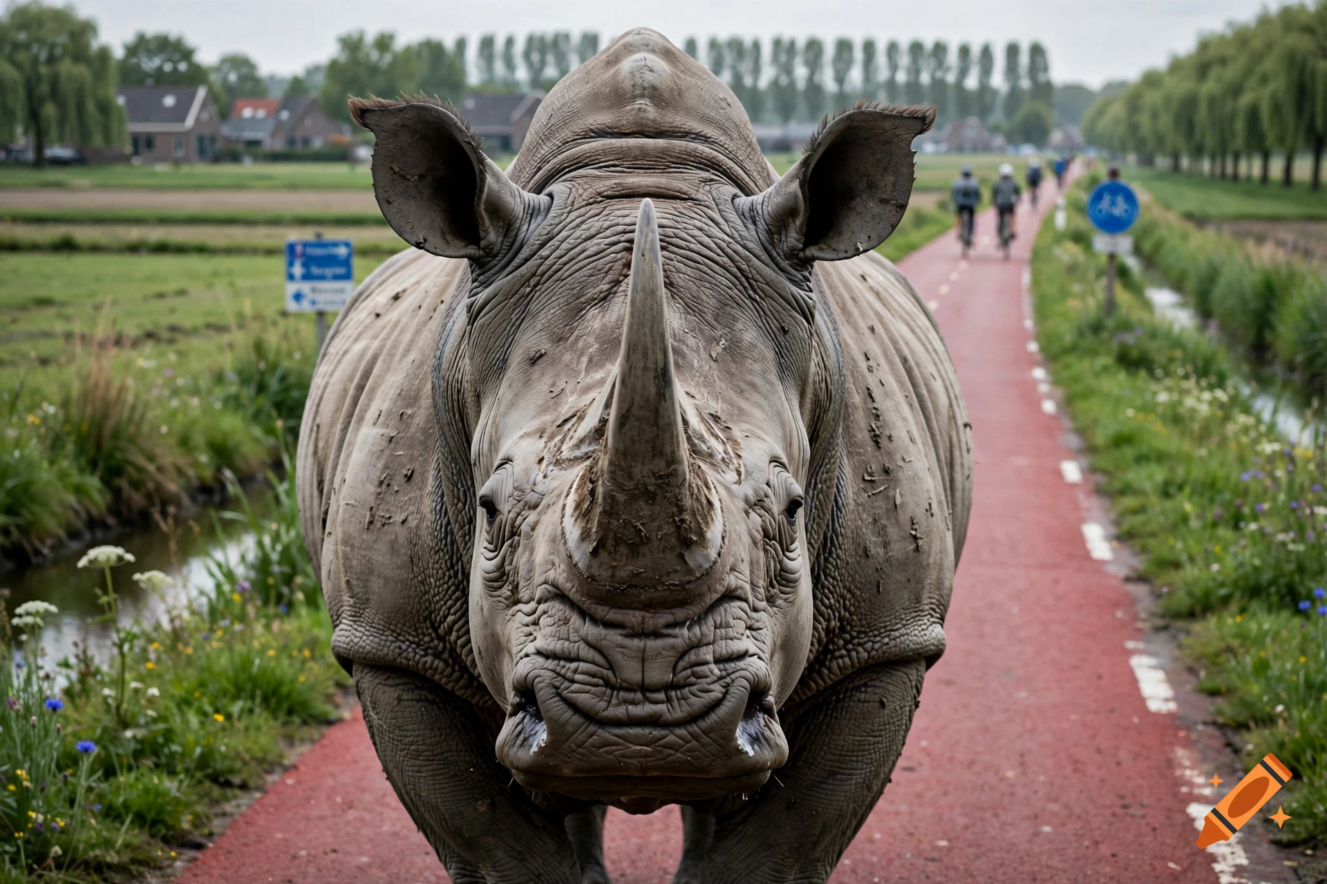 Photorealistic front view of a rhinoceros blocking a red paved cycling path in a Dutch landscape with cyclists in the distance.