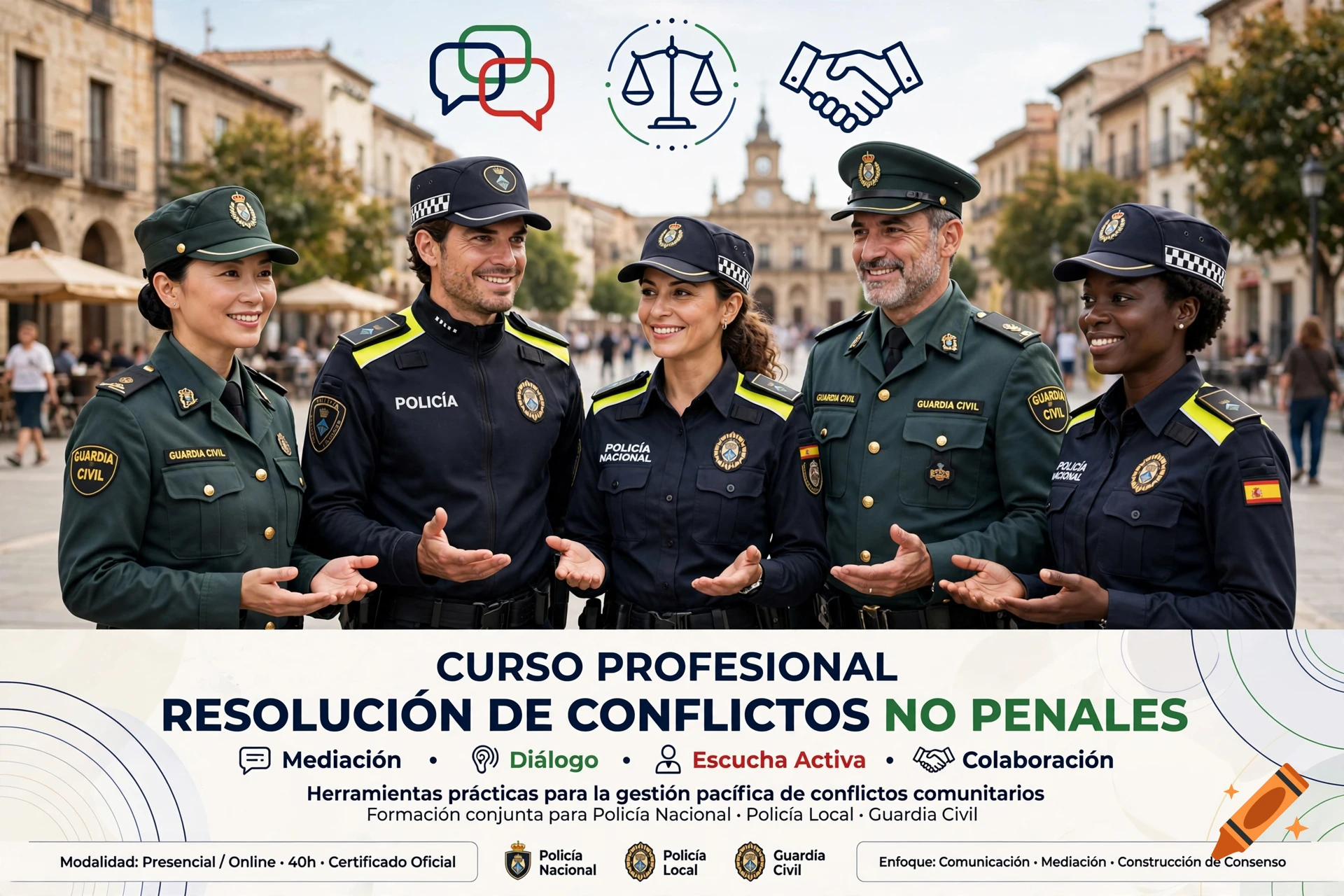 A professional poster featuring five diverse Spanish law enforcement officers smiling and gesturing, with text in Spanish about conflict resolution.