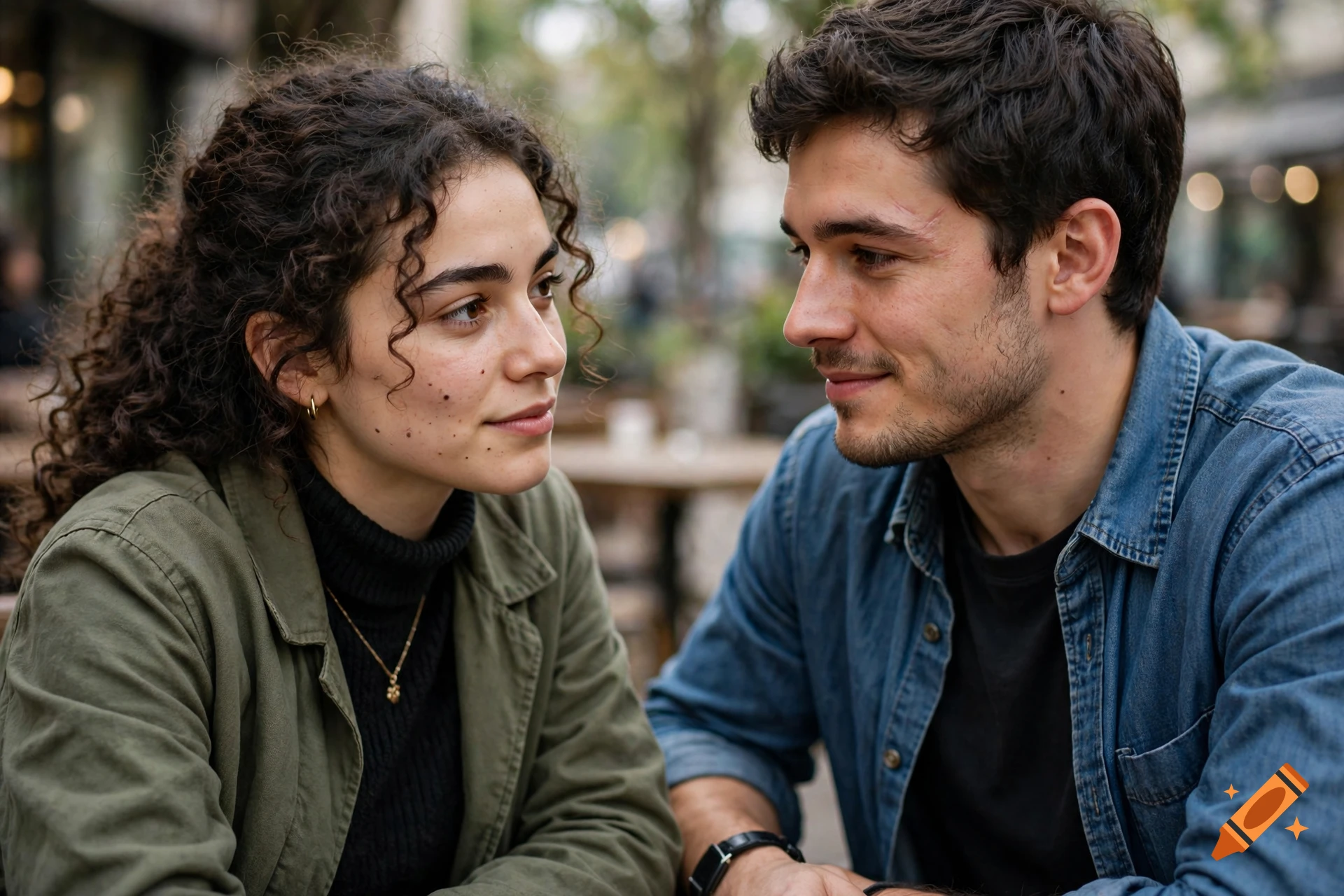 Close-up photorealistic portrait of a young man and woman looking at each other outdoors.