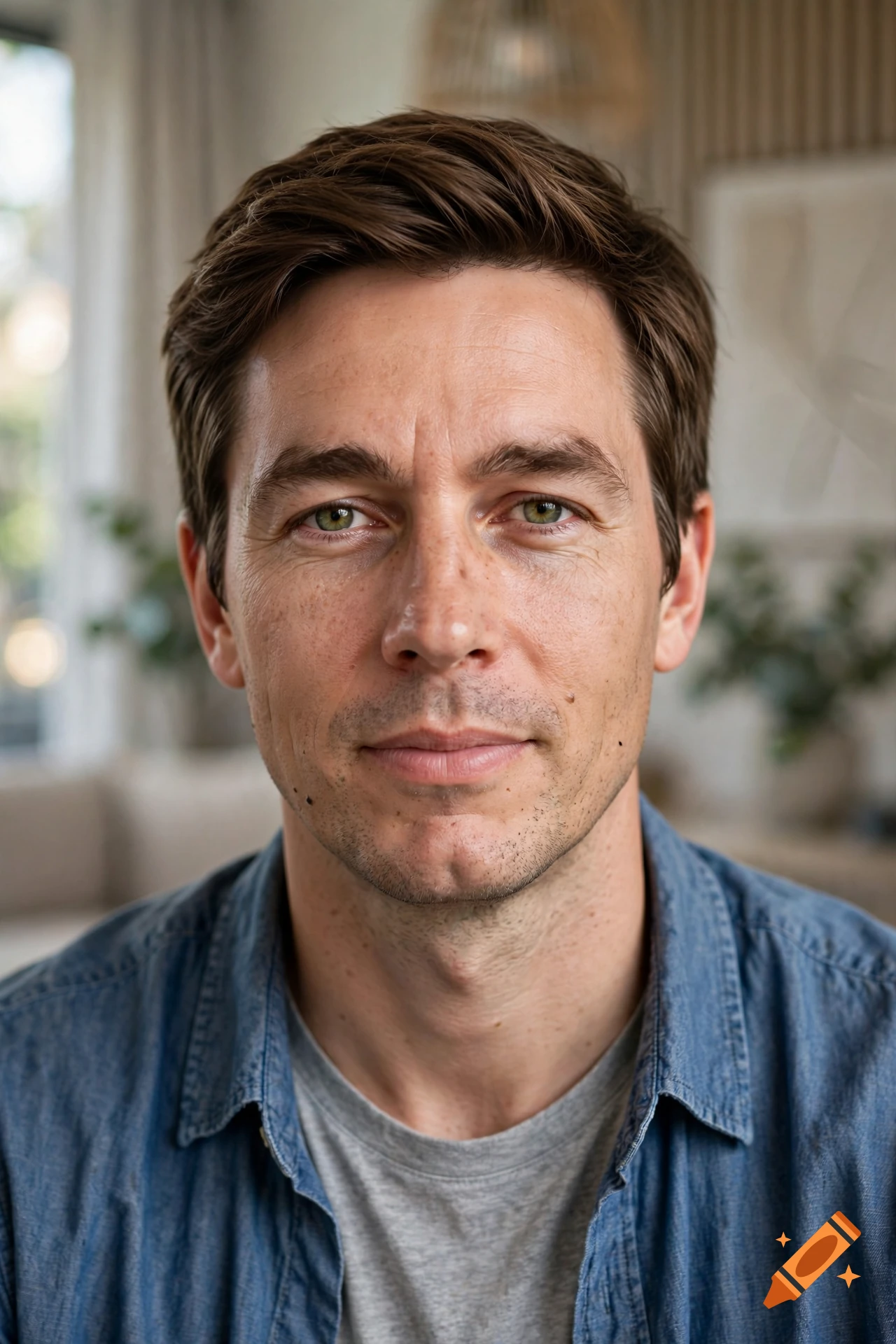Close-up photorealistic portrait of a middle-aged man with short brown hair and green eyes, wearing a blue denim shirt over a grey t-shirt.