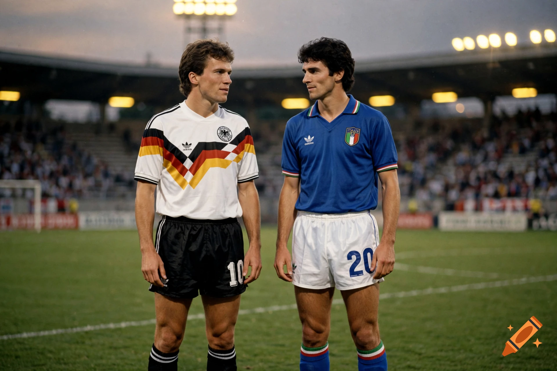 Photorealistic image of two vintage soccer players in historical uniforms standing on a pitch.