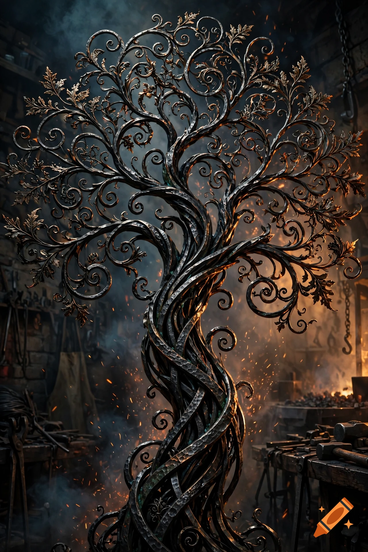 An intricate metal tree sculpture with ornate scrollwork branches, set in a blacksmith's workshop with glowing embers.