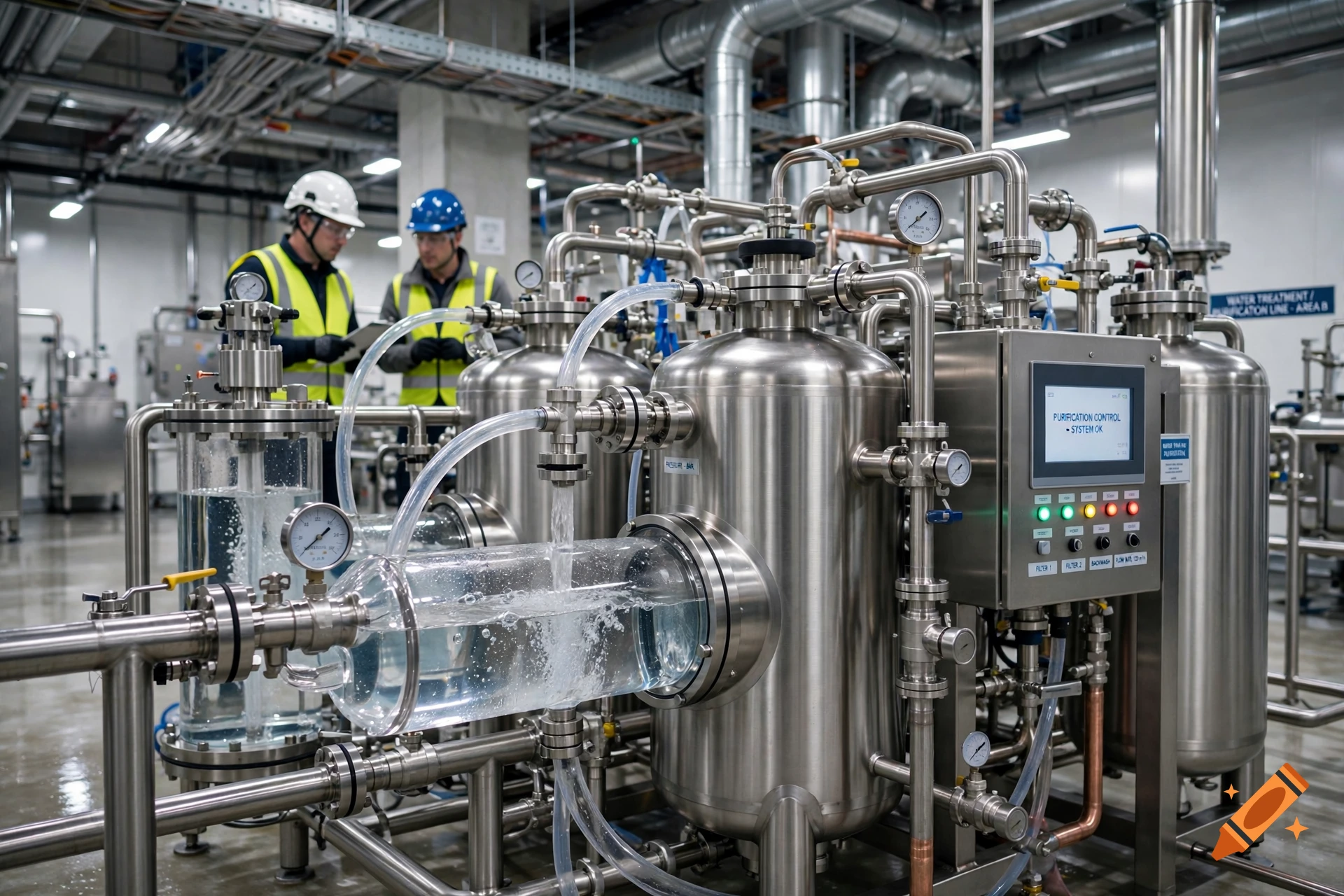 Photorealistic industrial water purification system in a modern facility with technicians in the background.