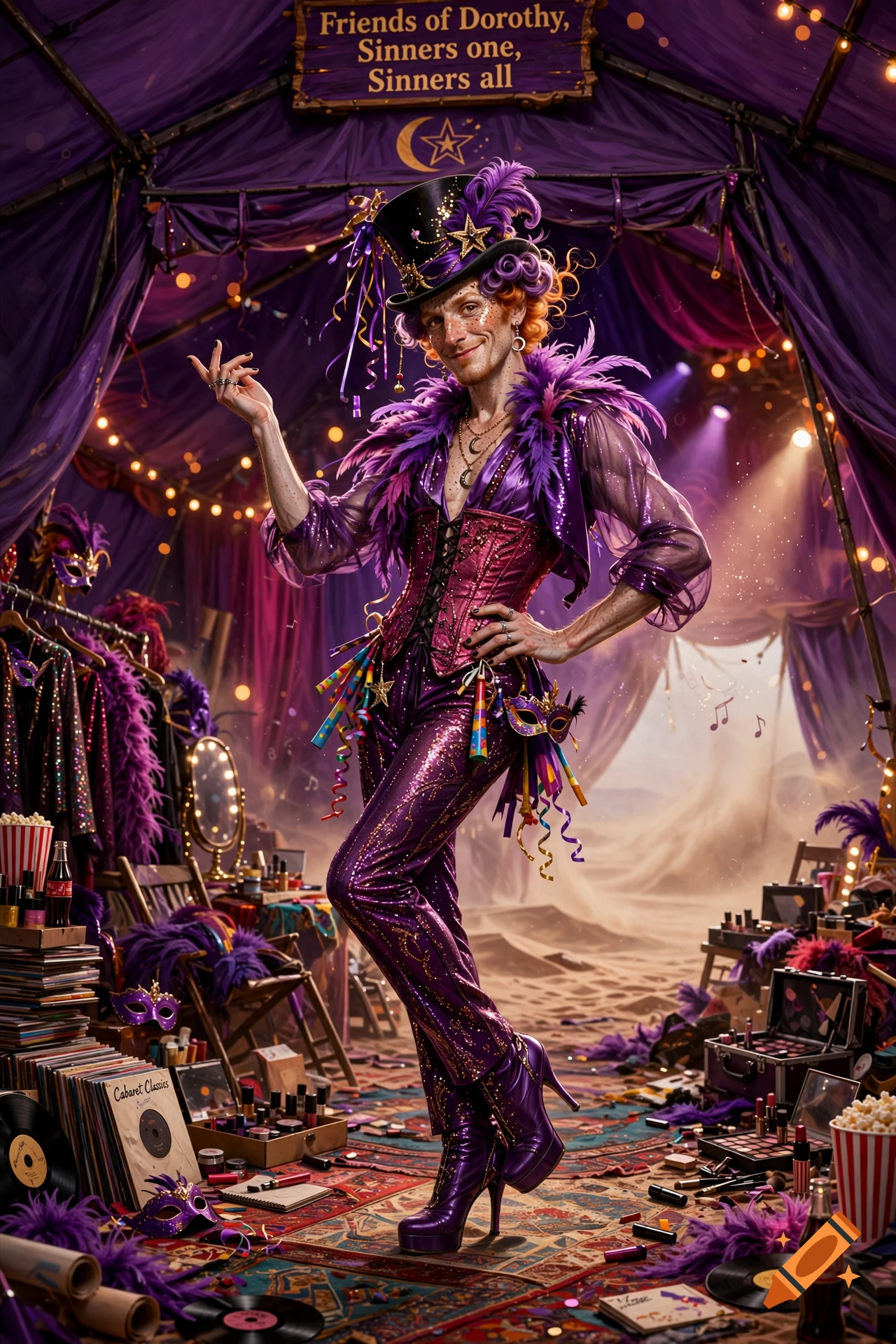 Photorealistic image of a gender fluid character in a purple top hat and sequined costume inside a theatrical fun-house tent.