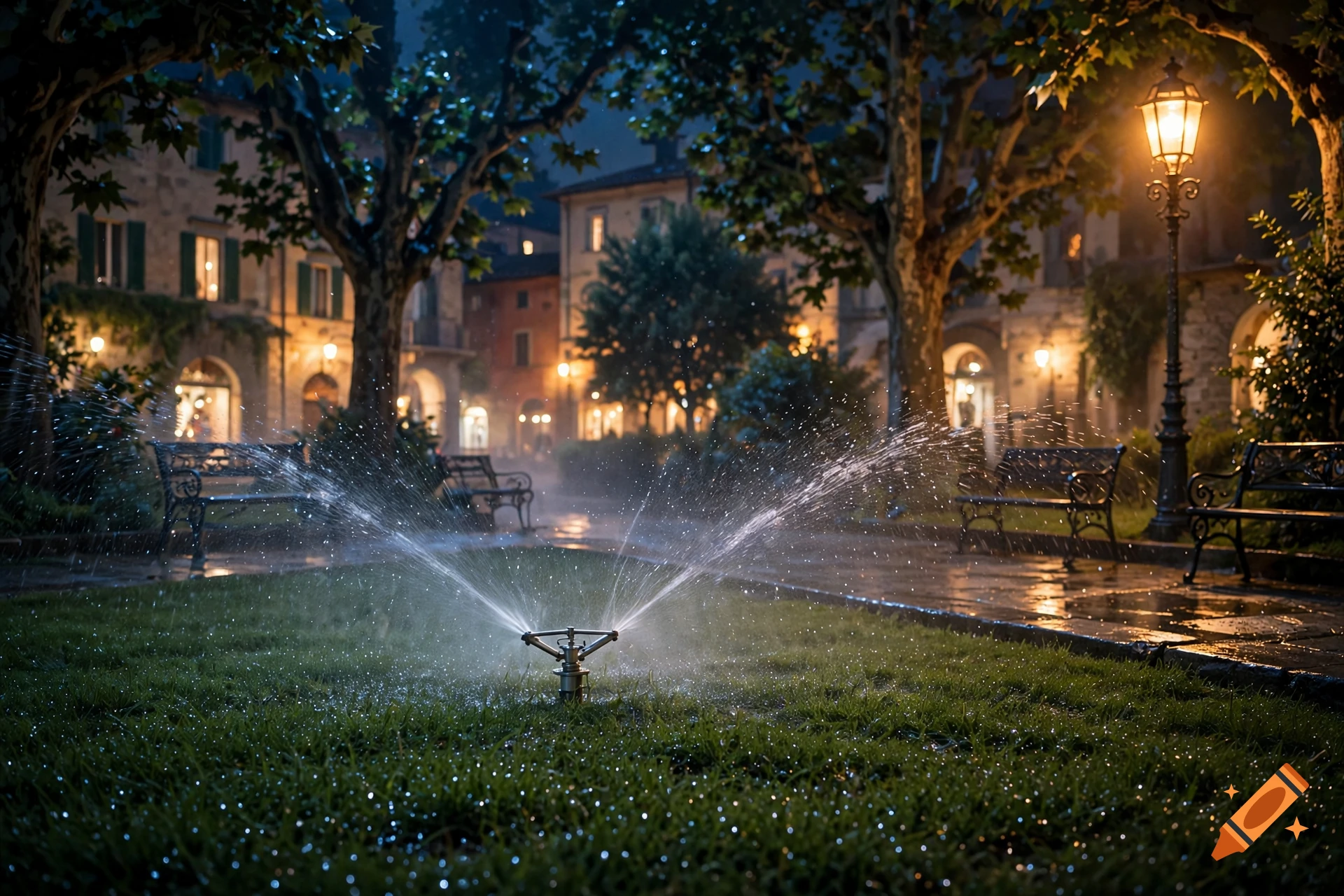 A lawn sprinkler watering grass in a European town square at night, illuminated by streetlights with historic buildings and trees in the background.