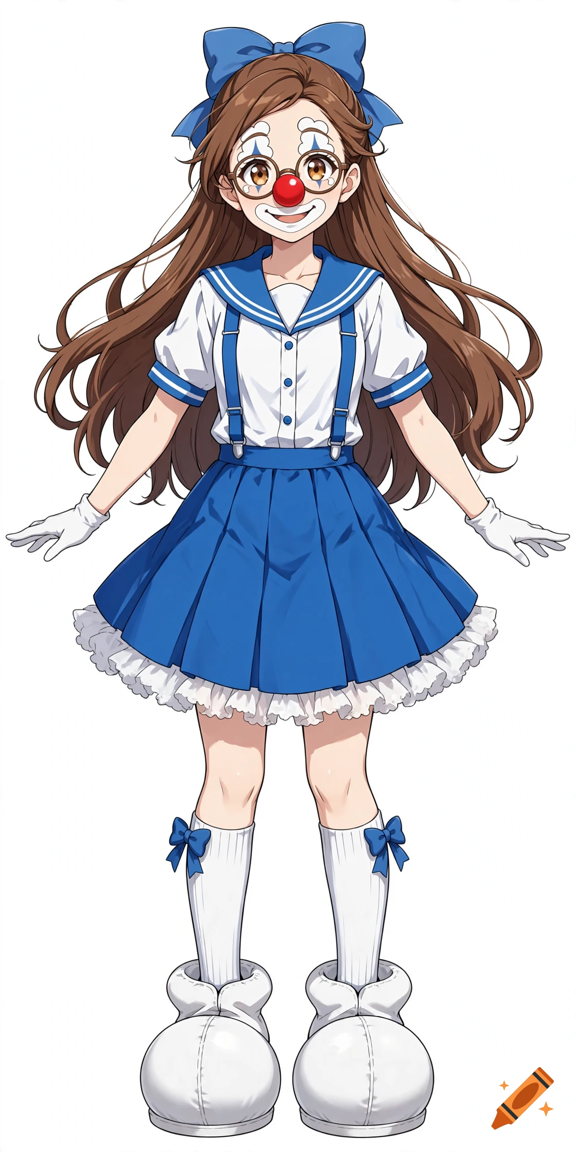 An anime-style illustration of a girl dressed as a clown, wearing a blue sailor dress, white gloves, large white shoes, and clown makeup with a red nose.